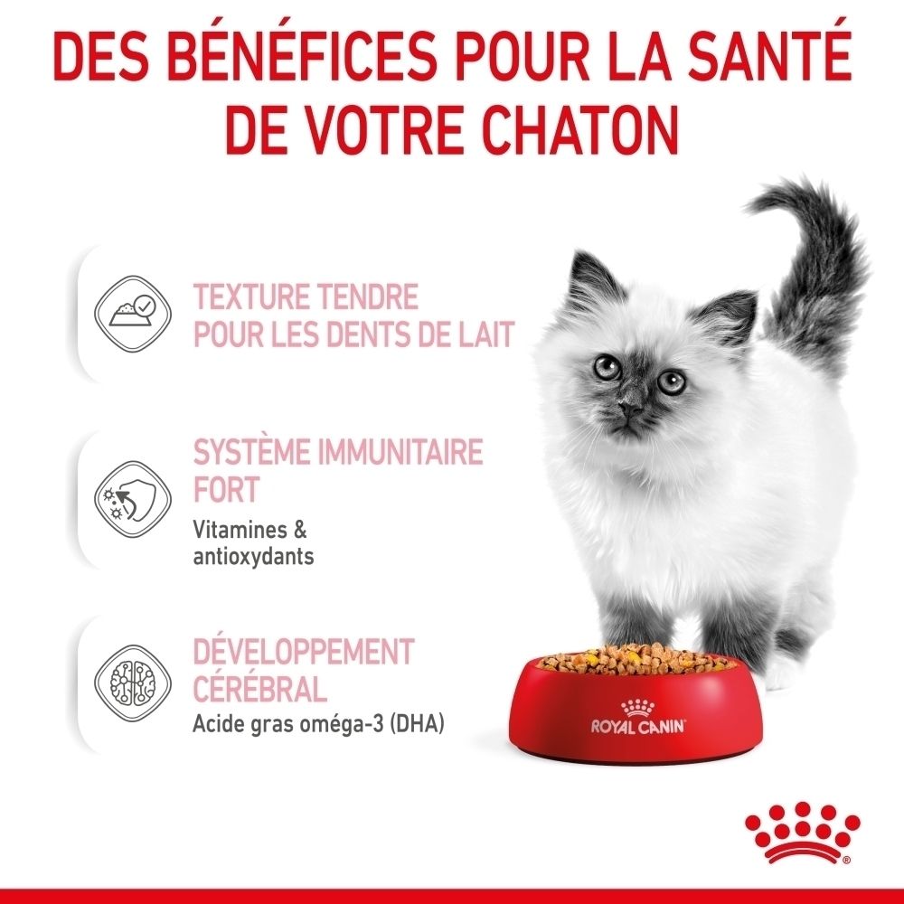 Katzenfutter in roter Schüssel mit Royal Canin Logo. Links sind Vorteile aufgelistet.