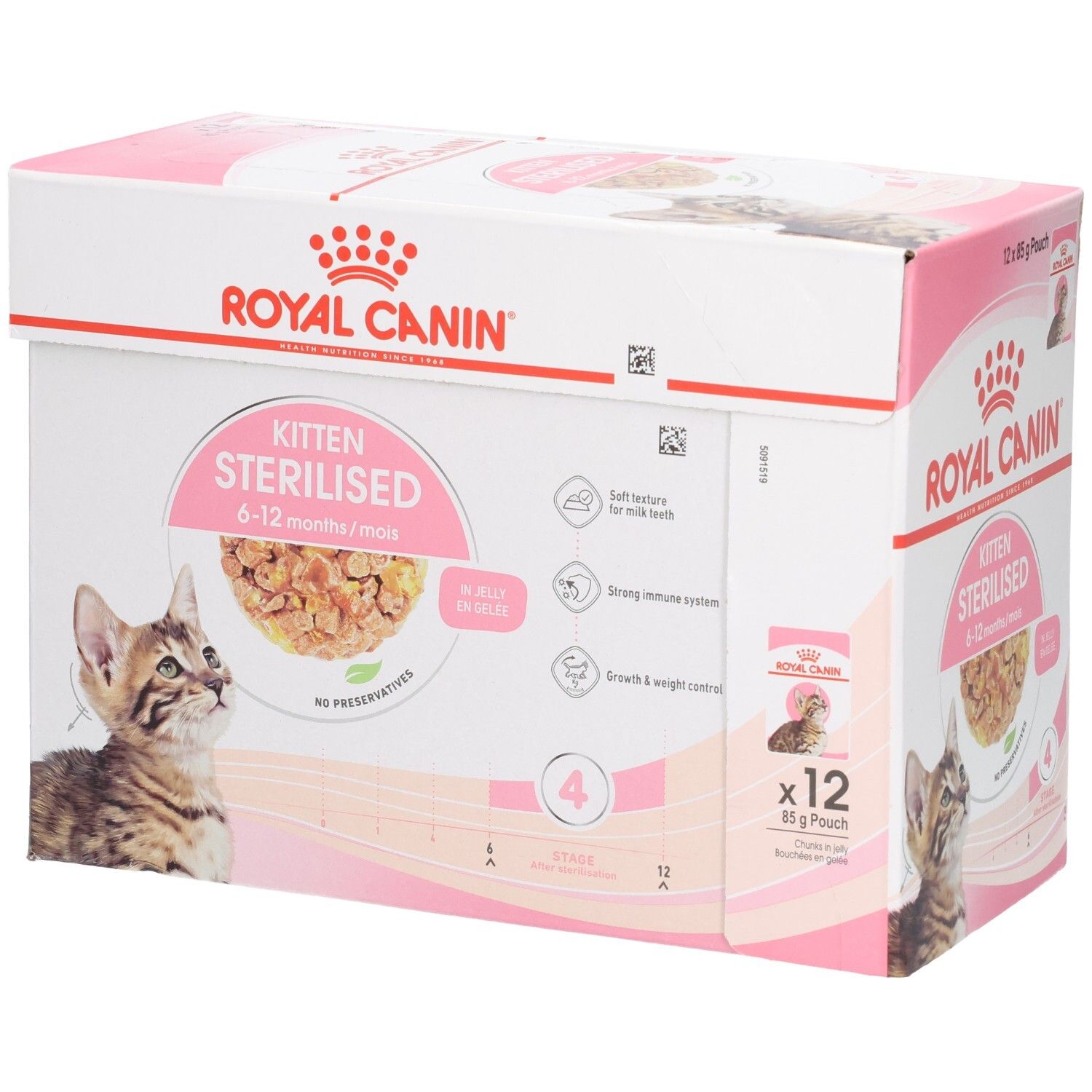 Royal Canin Kitten 1-12 Monate, 12x85g Beutel. Karton mit Abbildungen einer Katze und Futter.