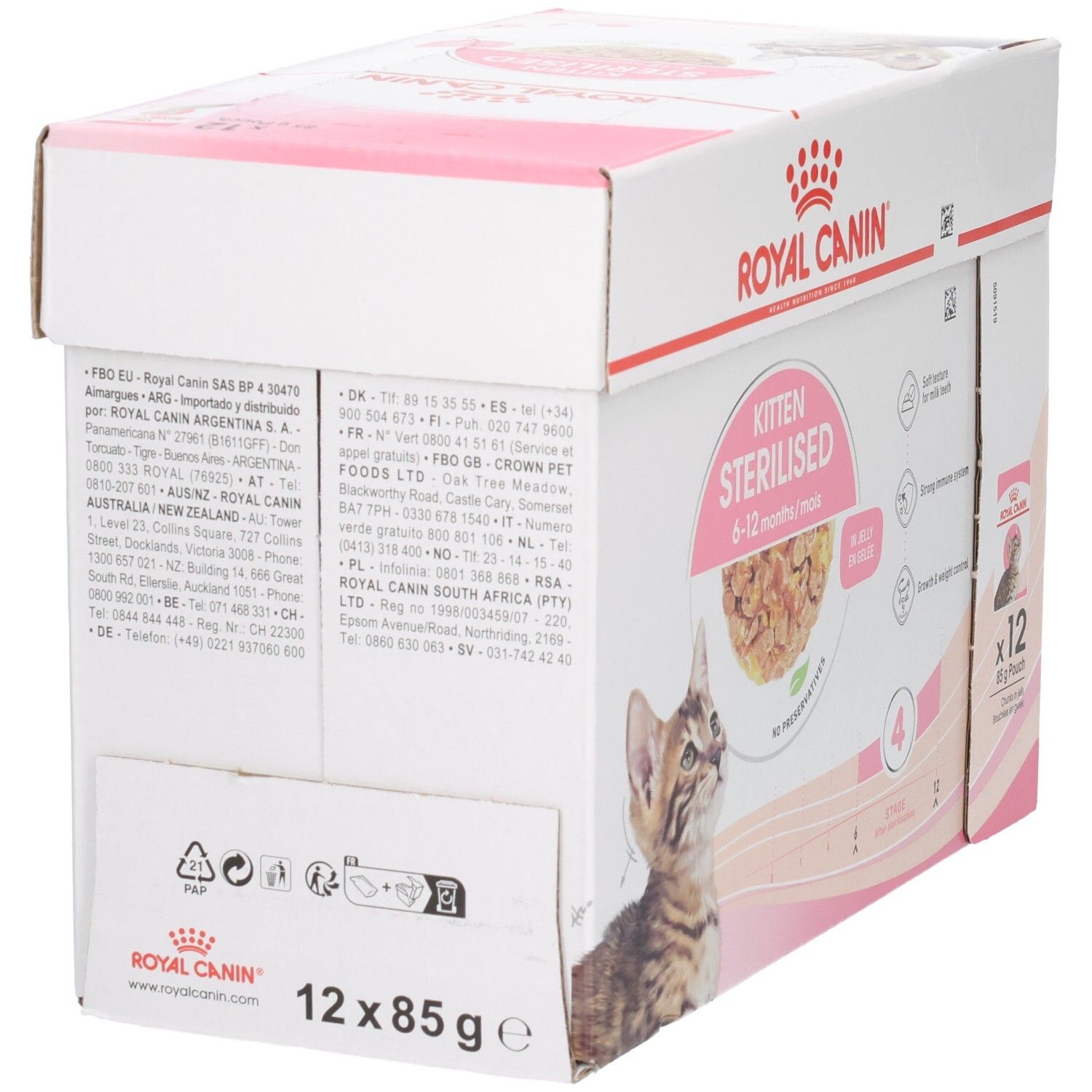 Royal Canin Kitten Sterilised 6-12 Monate, 12x85g Beutel. Karton mit Abbildungen einer Katze und Futter.