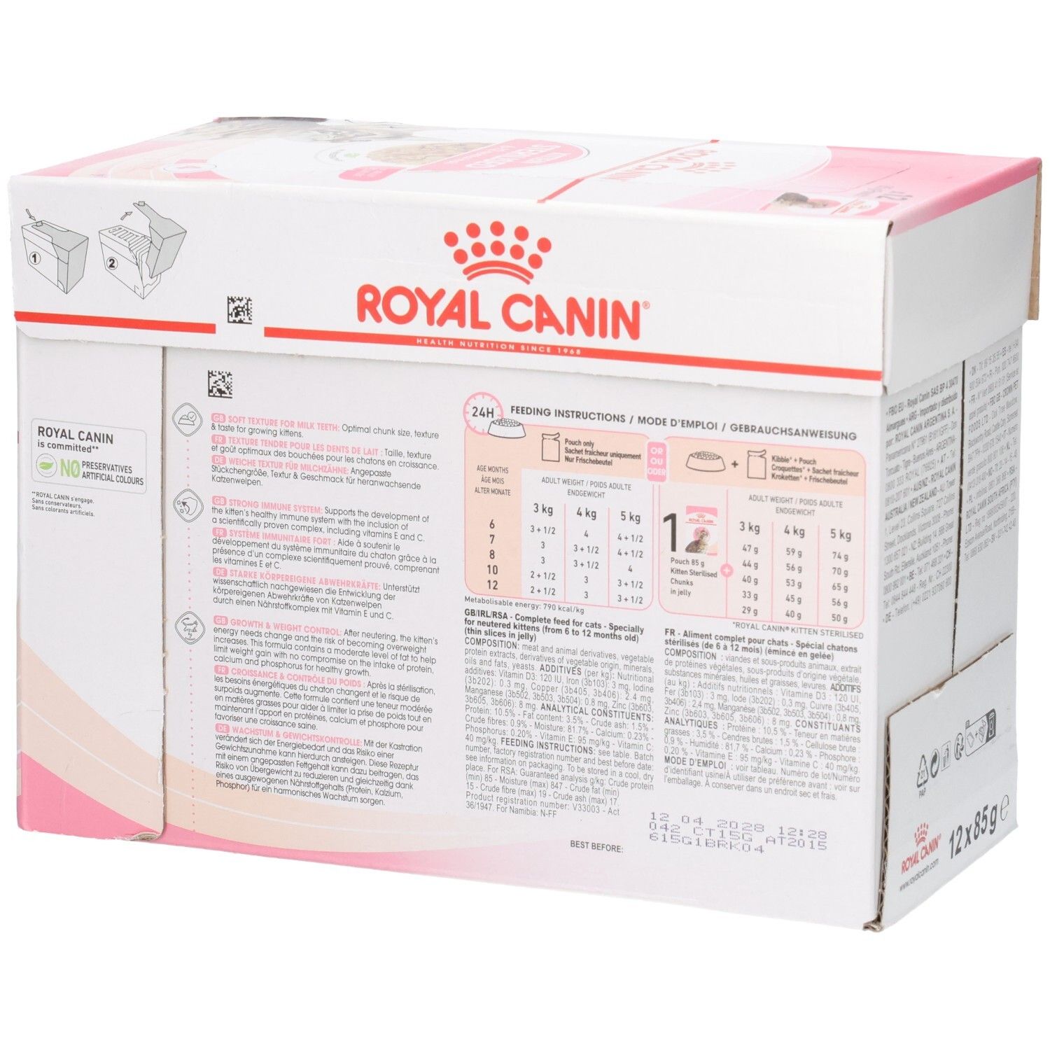Royal Canin Kitten 1-12 Monate, 12x85g Beutel. Karton mit Abbildungen einer Katze und Futter.