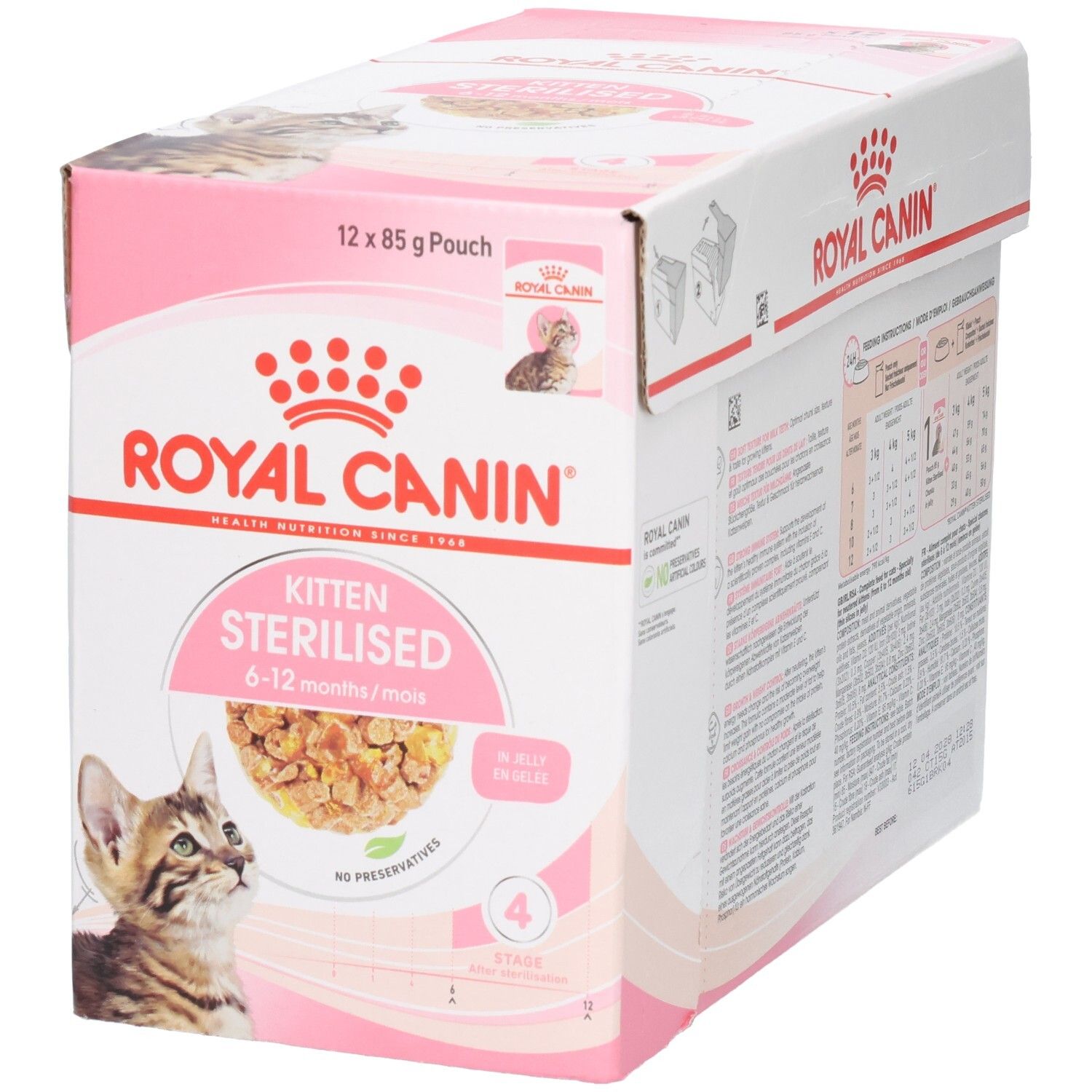 Royal Canin Kitten Sterilised 6-12 Monate, 12x85g Beutel. Karton mit Abbildungen einer Katze und Futter.