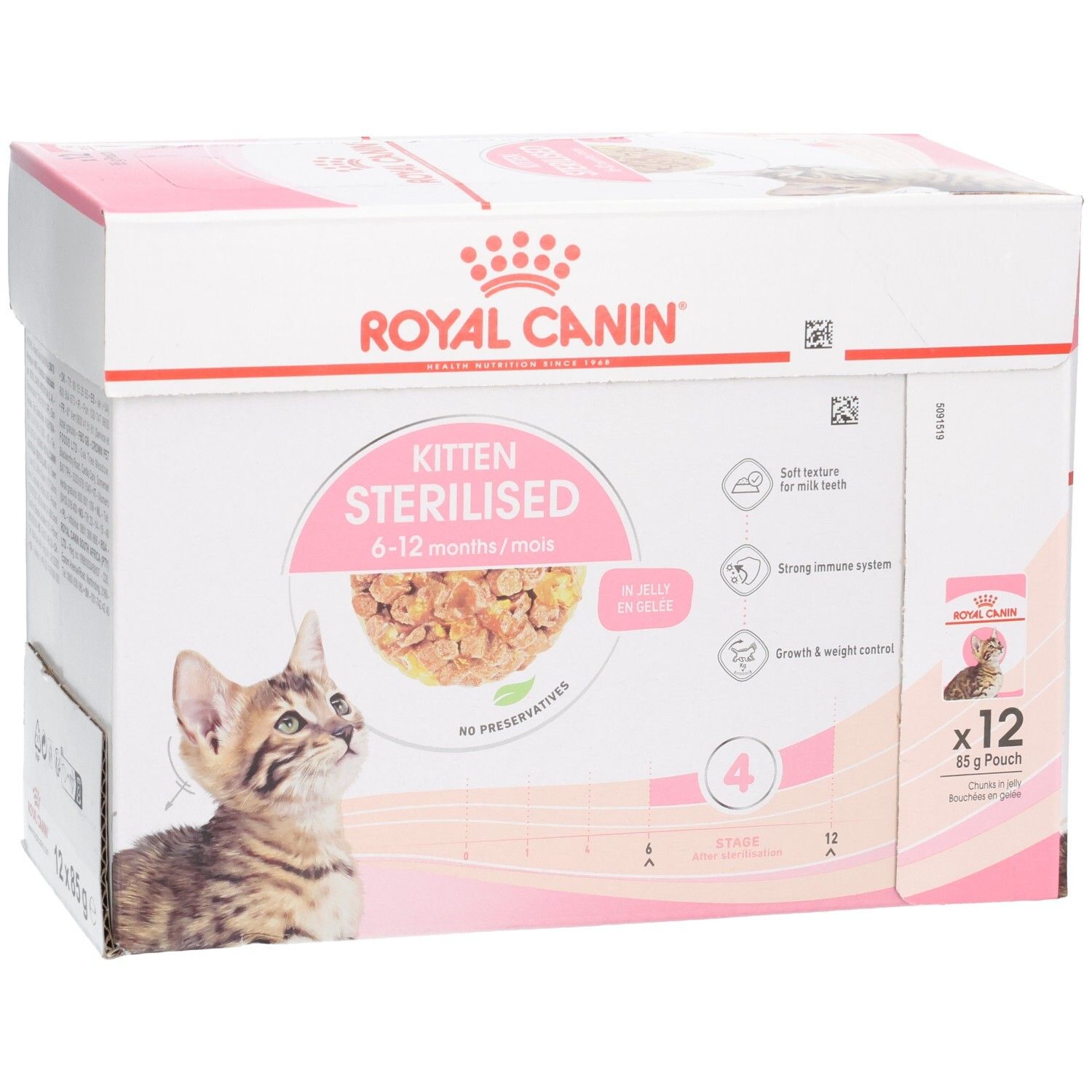 Royal Canin Kitten 1-12 Monate, 12x85g Beutel. Karton mit Abbildungen einer Katze und Futter.