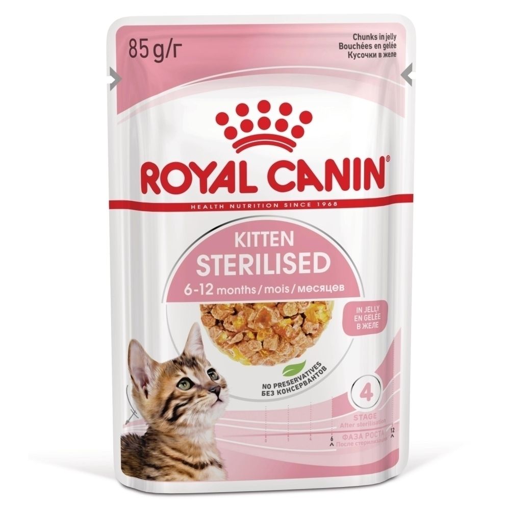 Royal Canin Kitten Sterilised 85g Pouch. Enthält Stückchen in Gelee für Kätzchen von 6-12 Monaten.