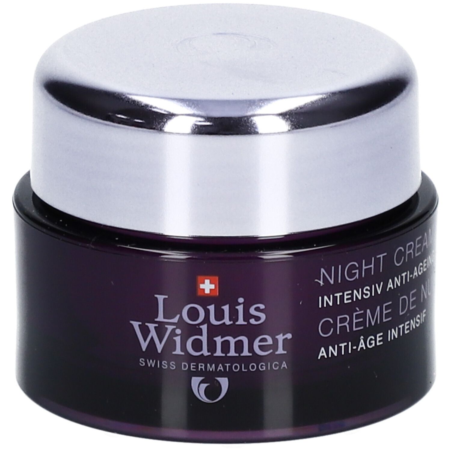 Dunkelviolettes Tiegel mit silbernem Deckel. Aufschrift: Louis Widmer, Swiss Dermatologica. Text: Night Cream, Anti-Ageing.