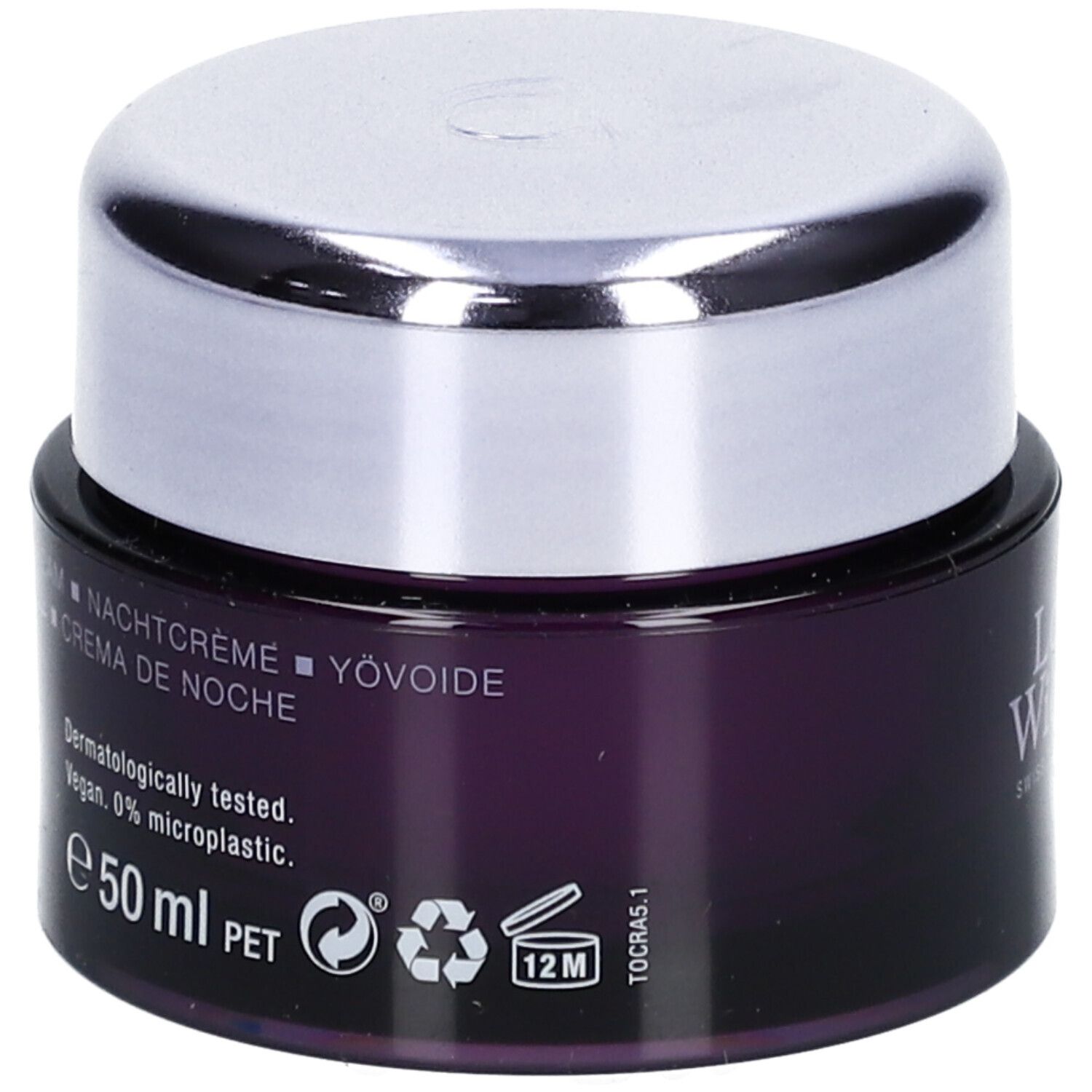 Dunkelviolettes Tiegel mit silbernem Deckel. Aufschrift: Nachtcrème, Crème de Nuit. Text: 50 ml, vegan, 0% microplastic.