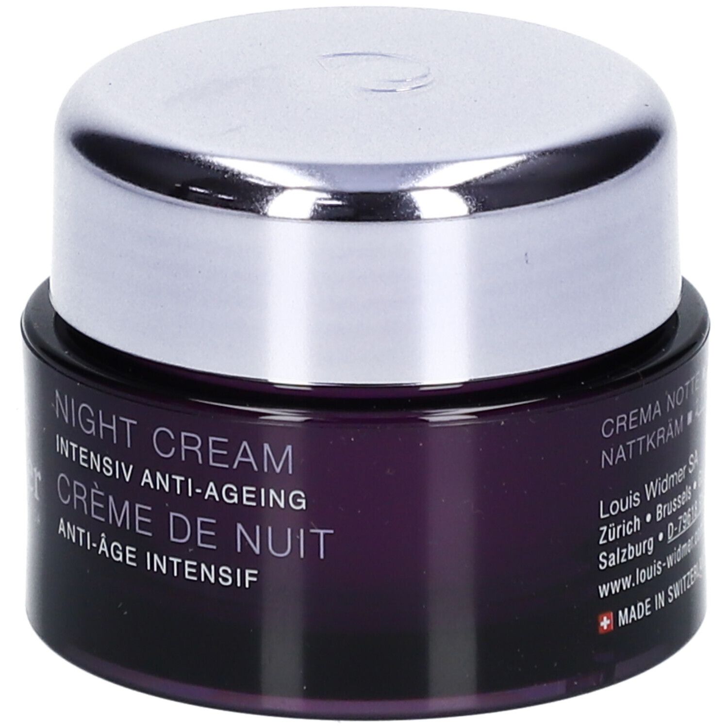 Dunkelviolettes Tiegel mit silbernem Deckel. Aufschrift: Night Cream, Anti-Ageing. Text: Louis Widmer, Swiss Dermatologica, Made in Switzerland.