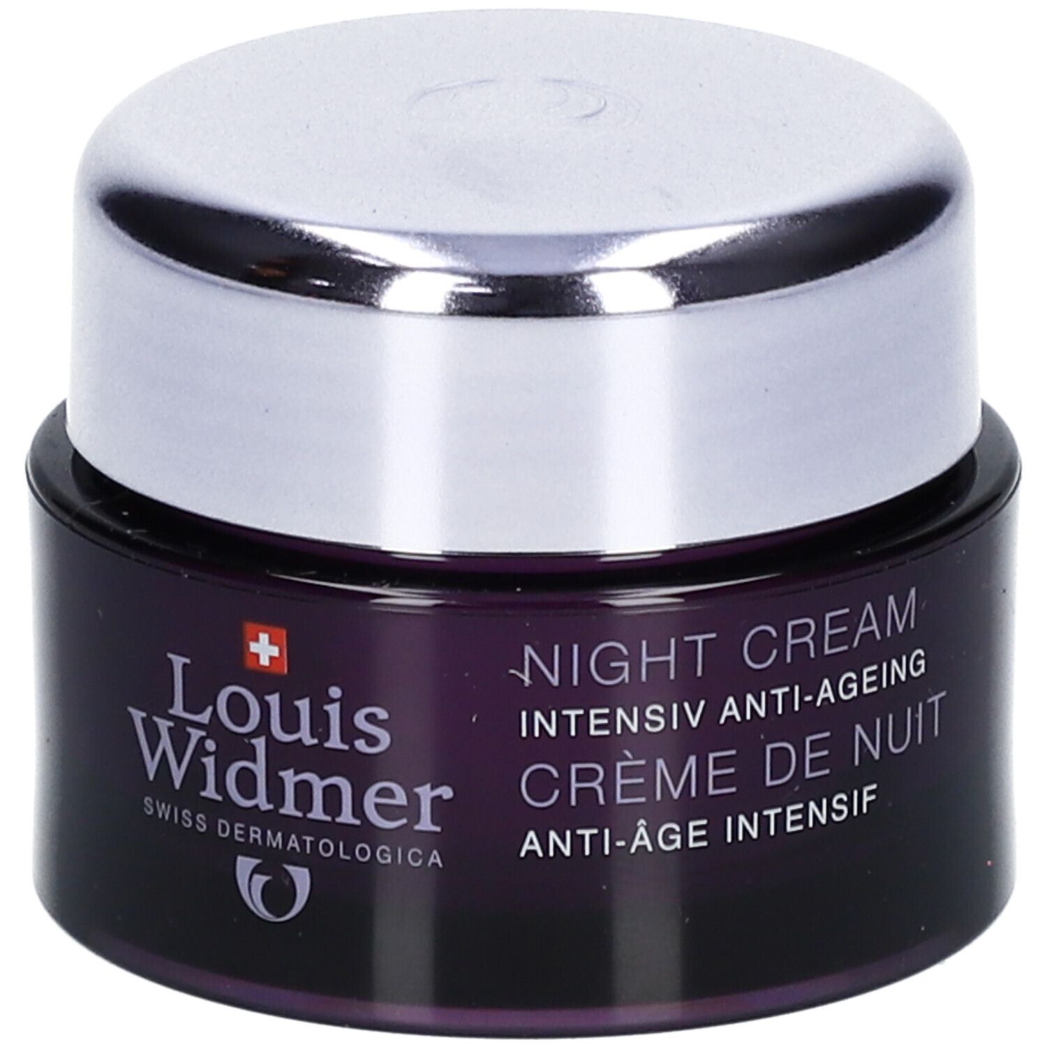 Dunkelviolettes Tiegel mit silbernem Deckel. Aufschrift: Louis Widmer, Swiss Dermatologica. Text: Night Cream, Anti-Ageing.