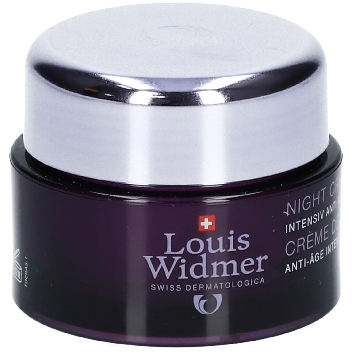 Dunkelviolettes Tiegel mit silbernem Deckel. Aufschrift: Louis Widmer, Swiss Dermatologica. Text: Night Cream, Anti-Ageing.