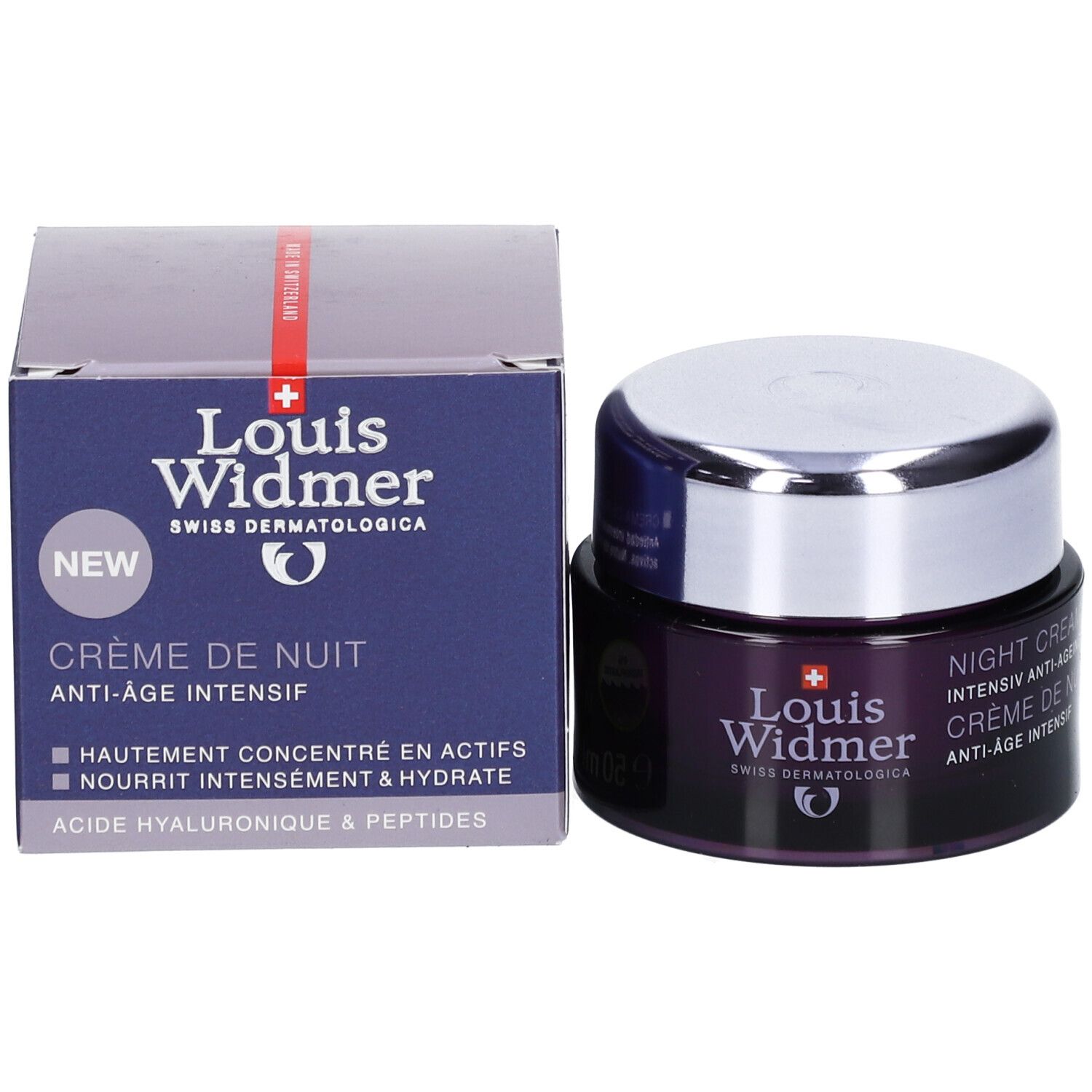 Dunkelblaue Schachtel und Tiegel. Aufschrift: Louis Widmer, Swiss Dermatologica. Text: Crème de Nuit, Anti-Âge Intensif, NEW.