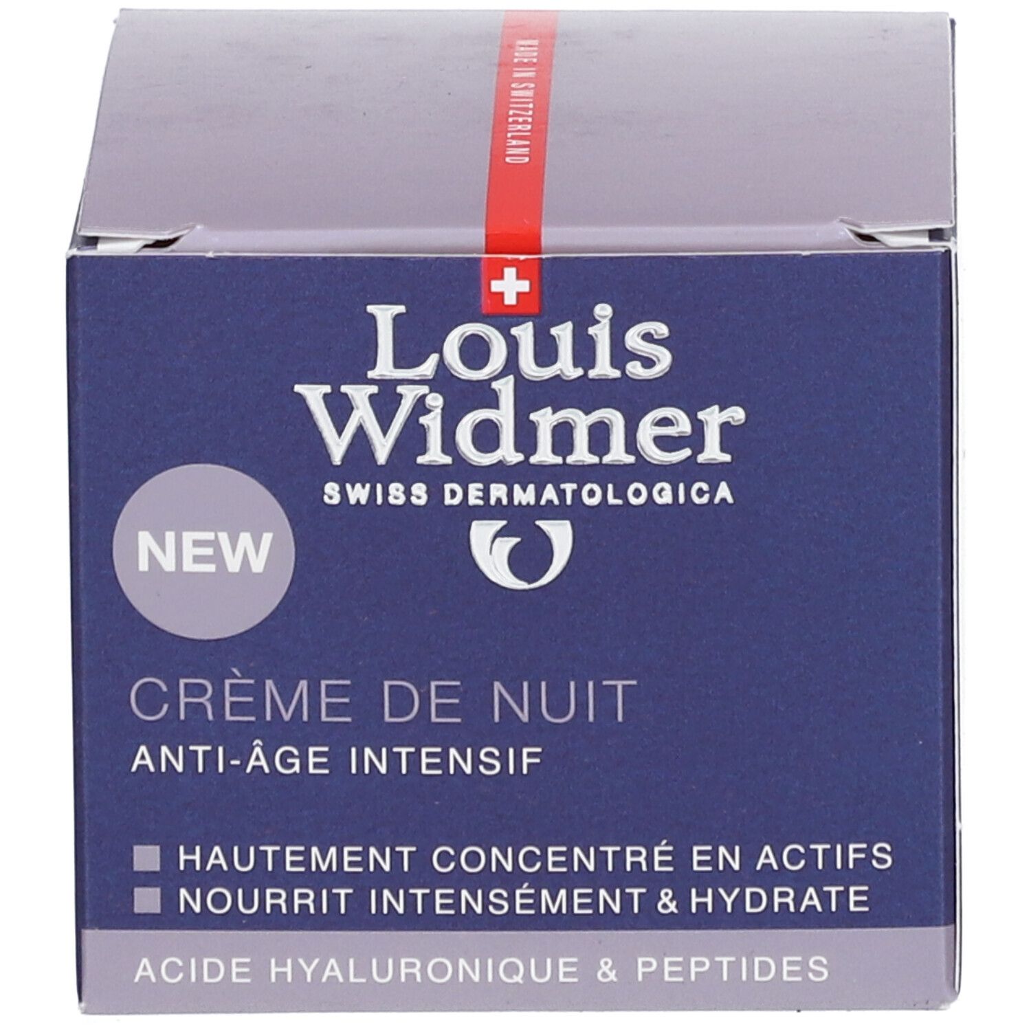 Dunkelblaue Schachtel. Aufschrift: Louis Widmer, Swiss Dermatologica. Text: Crème de Nuit, Anti-Âge Intensif, NEW.