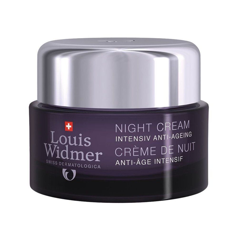 Pot violet foncé avec couvercle argenté. Inscription: Louis Widmer, Swiss Dermatologica, Night Cream, Crème de Nuit.