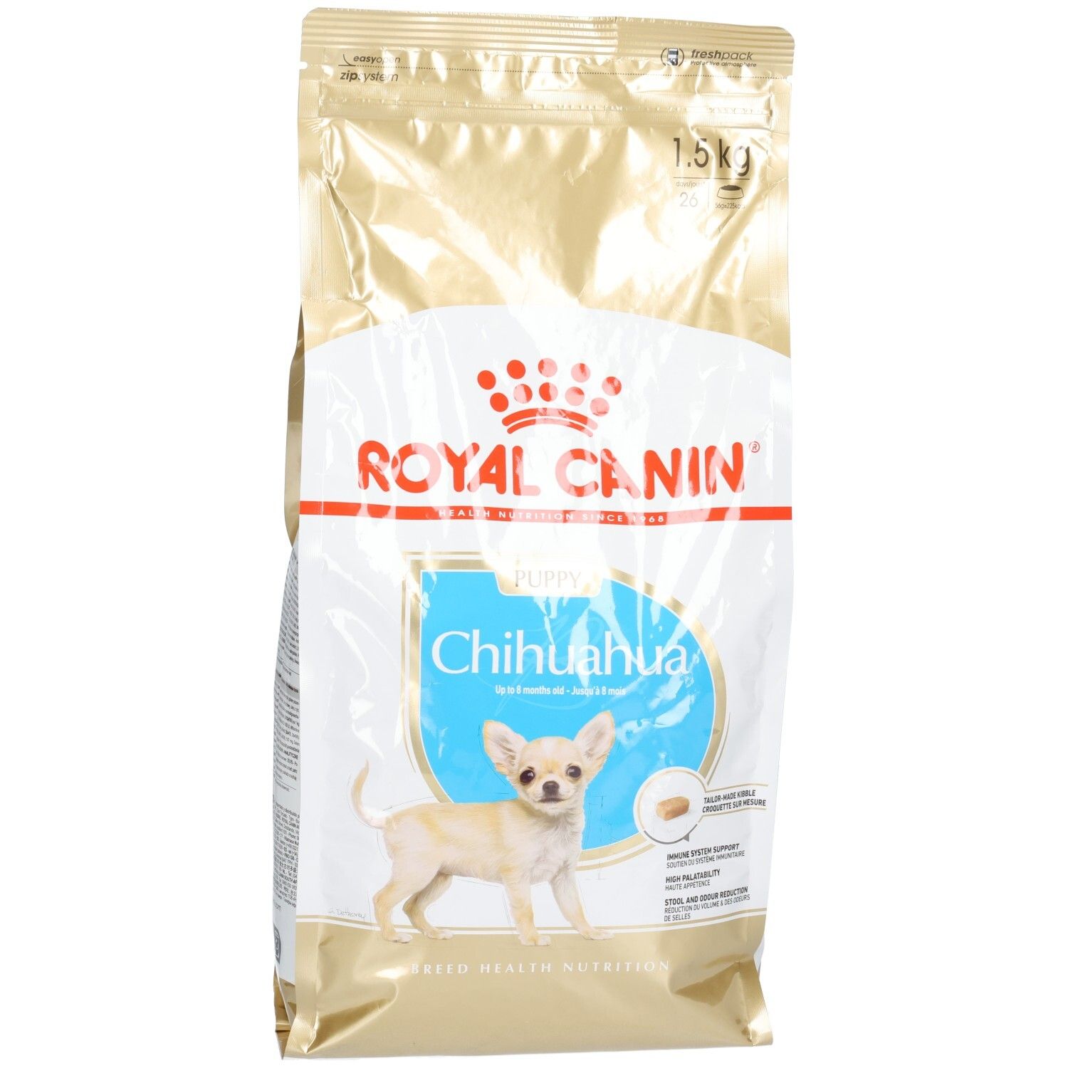 Royal Canin Chihuahua Puppy Trockenfutter, 1,5 kg Beutel mit Chihuahua-Welpen-Illustration.