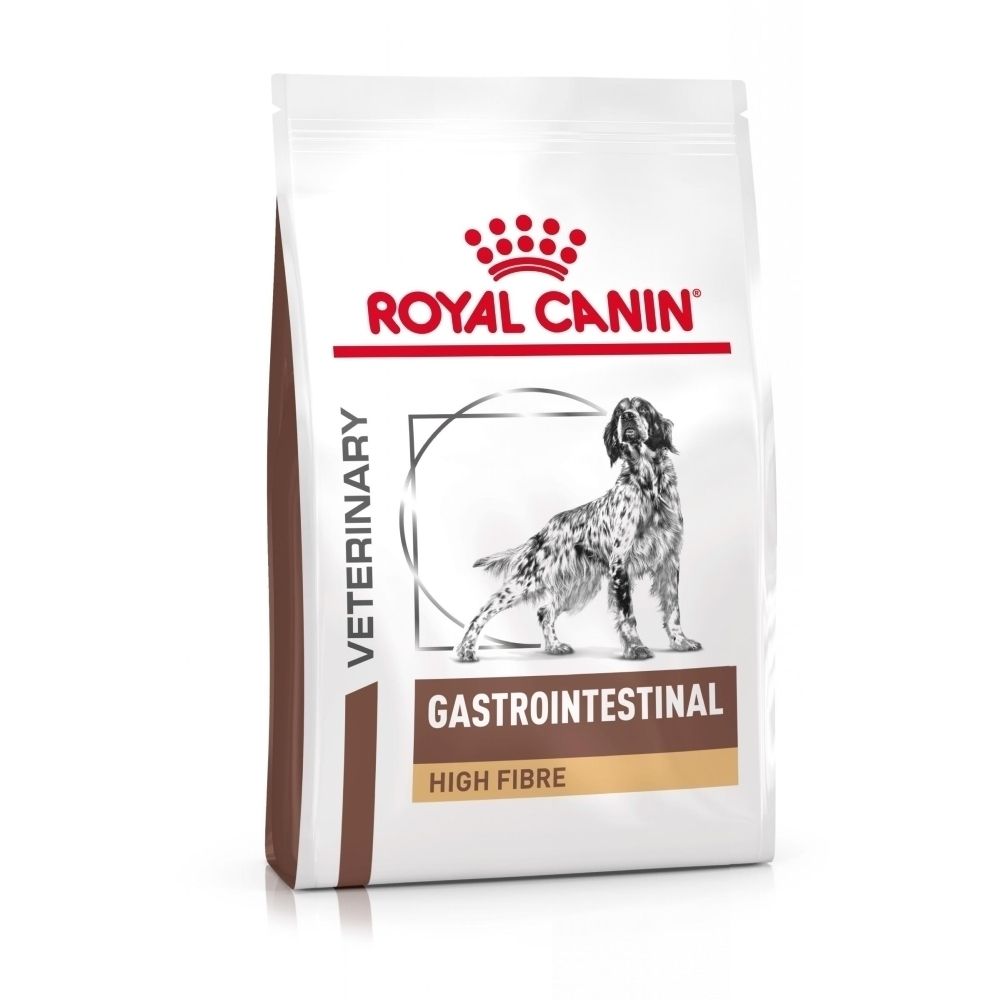 Sac de nourriture Royal Canin Veterinary Gastrointestinal High Fibre pour chien avec illustration de chien.