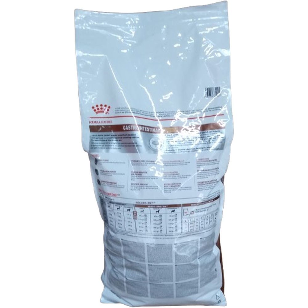 Rückseite eines 14 kg Sackes Royal Canin Veterinary Gastrointestinal High Fibre Hundefutter mit Nährwertangaben.
