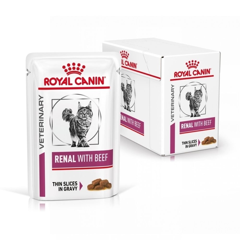 ROYAL CANIN VETERINARY RENAL WITH BEEF Sachet individuel et carton.