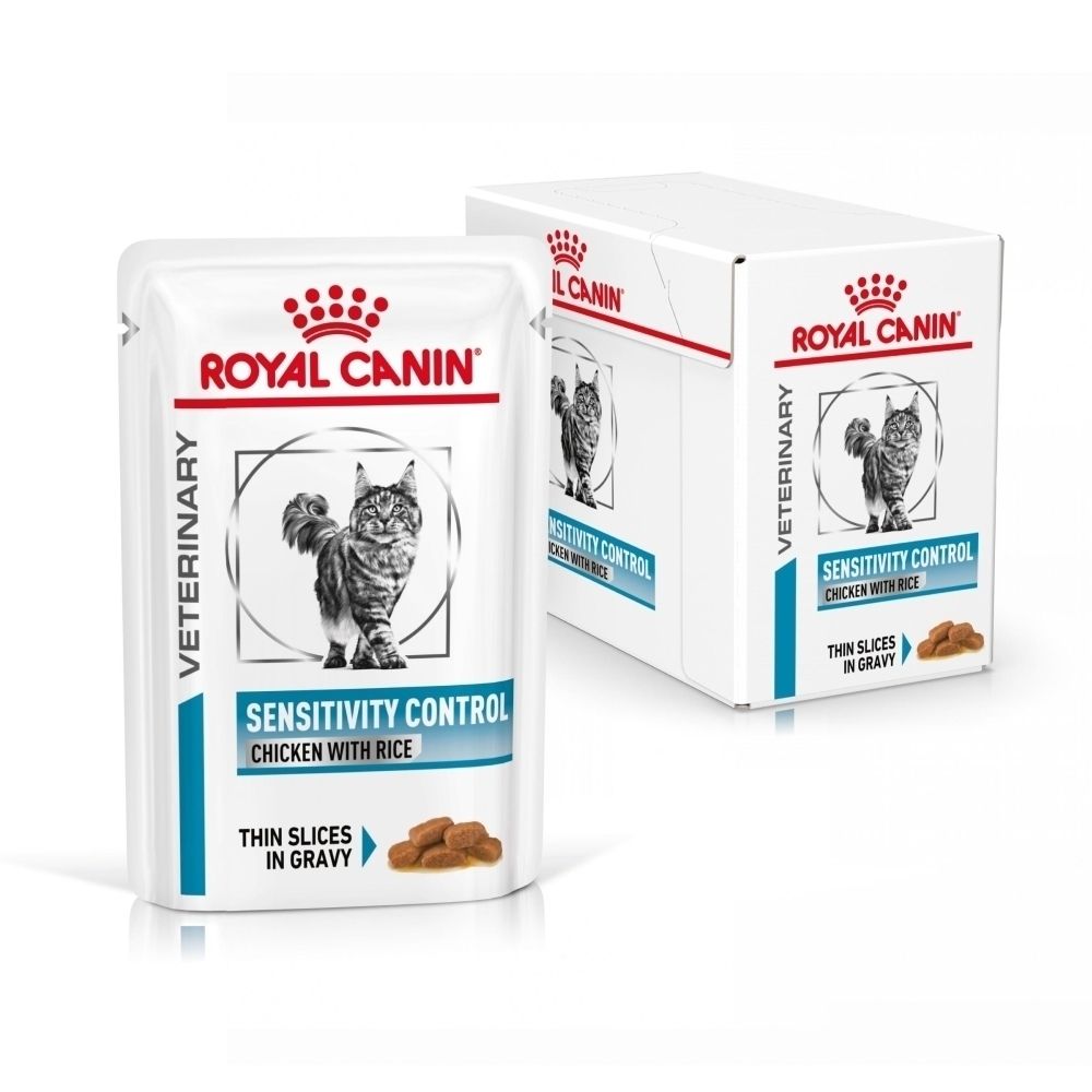 Deux sachets de Royal Canin Veterinary Sensitivity Control pour chats, un devant, un derrière.