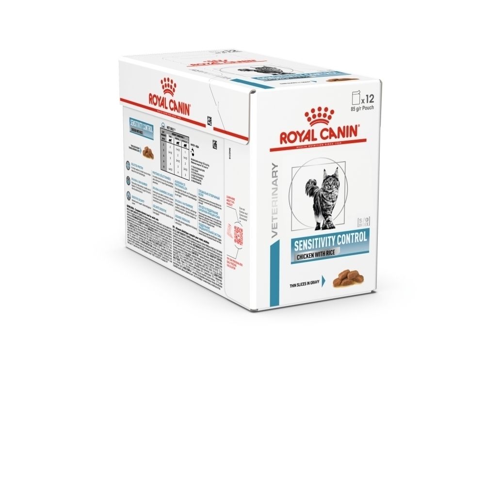 Boîte Royal Canin Veterinary Sensitivity Control pour chats avec instructions d'alimentation.