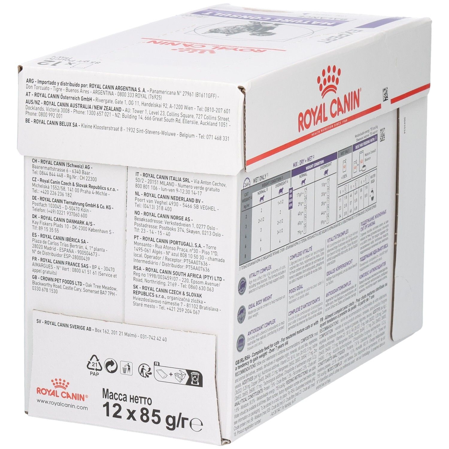 Royal Canin Mature Consult Balance: Seitenansicht der Verpackung mit Adressinformationen und Nettoinhalt.