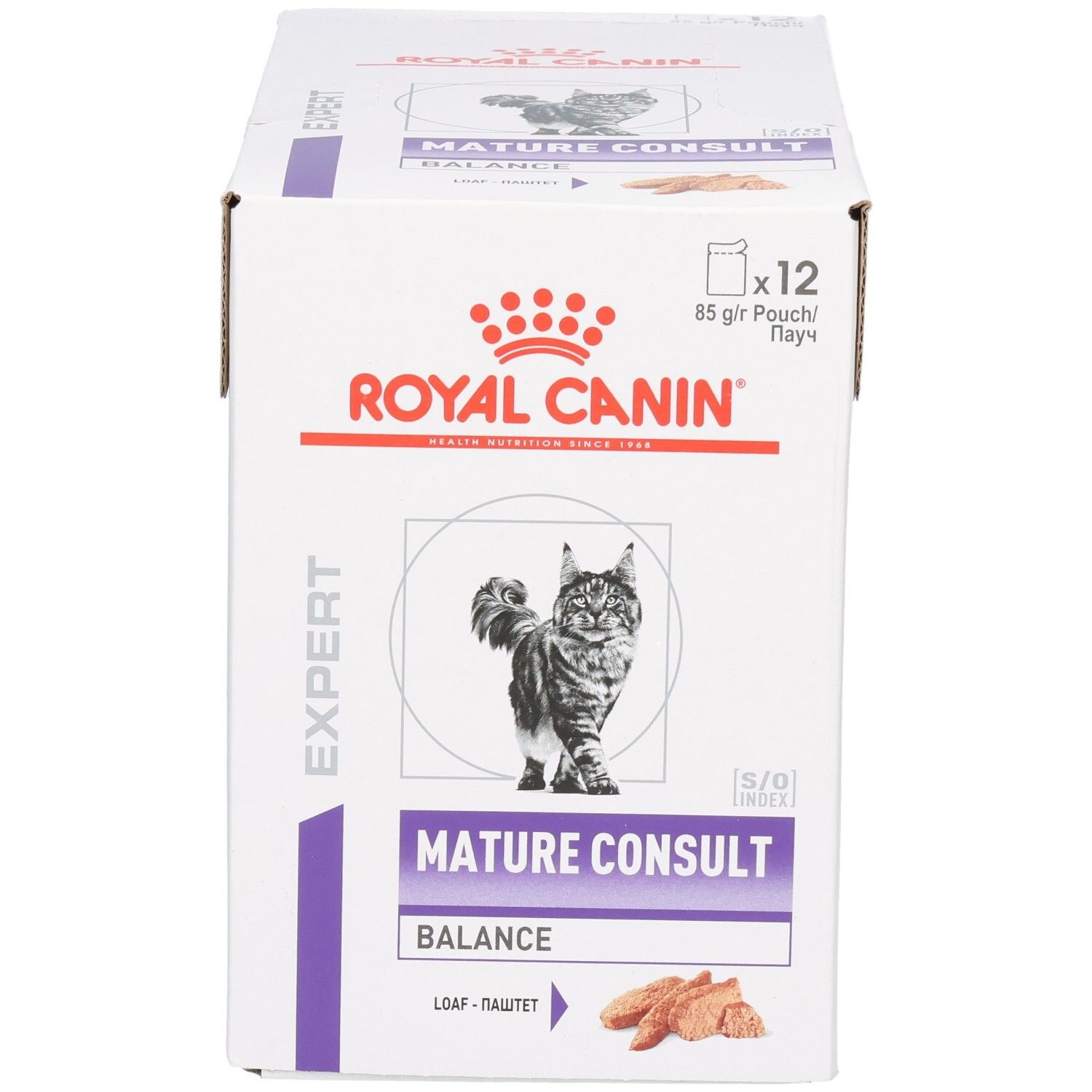 Royal Canin Mature Consult Balance: Vorderseite der Verpackung mit Katzenbild und Produktbezeichnung.