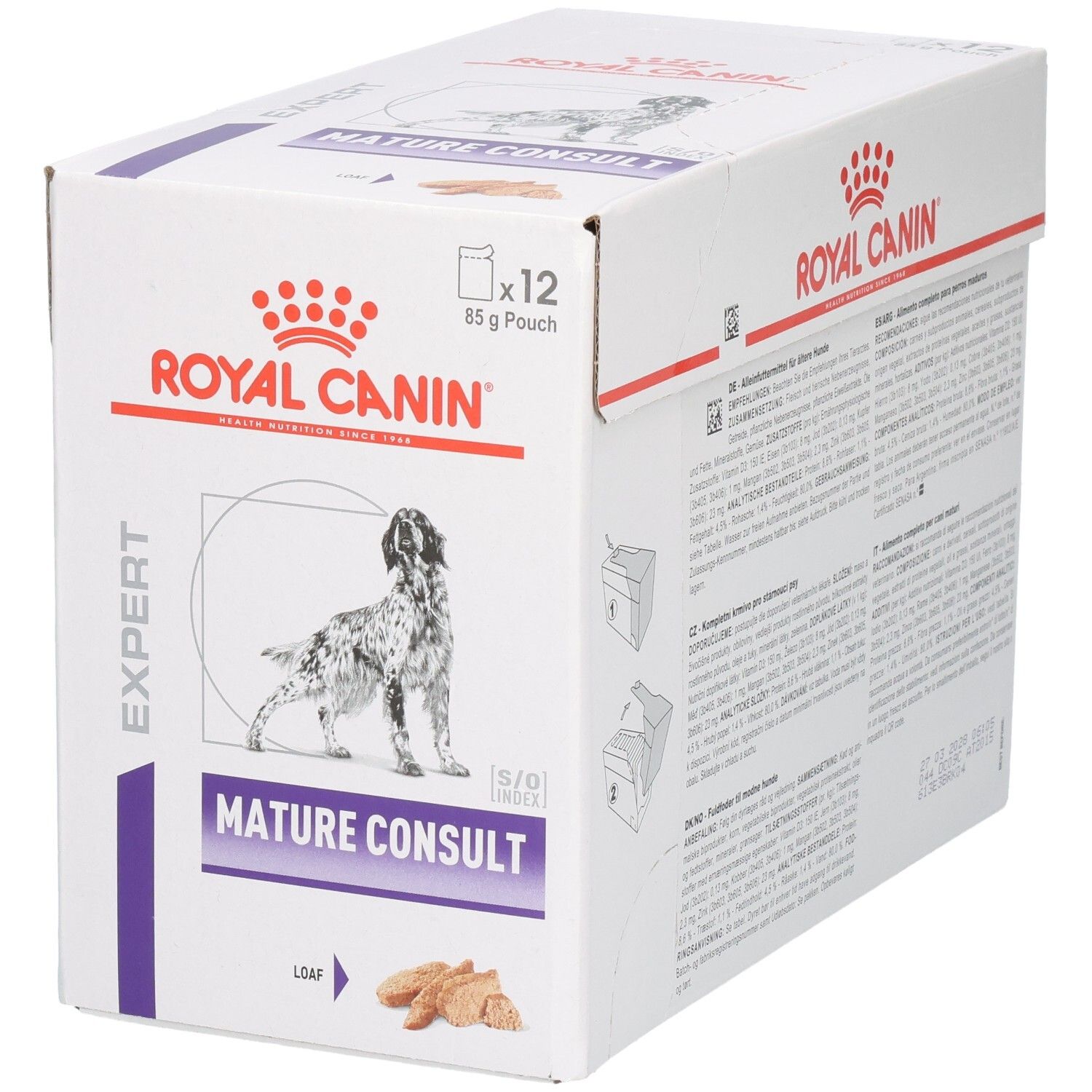 Royal Canin Mature Consult Loaf Hundefutter-Box, 12x85g Beutel. Vorderseite mit Hundebild und Produktnamen.