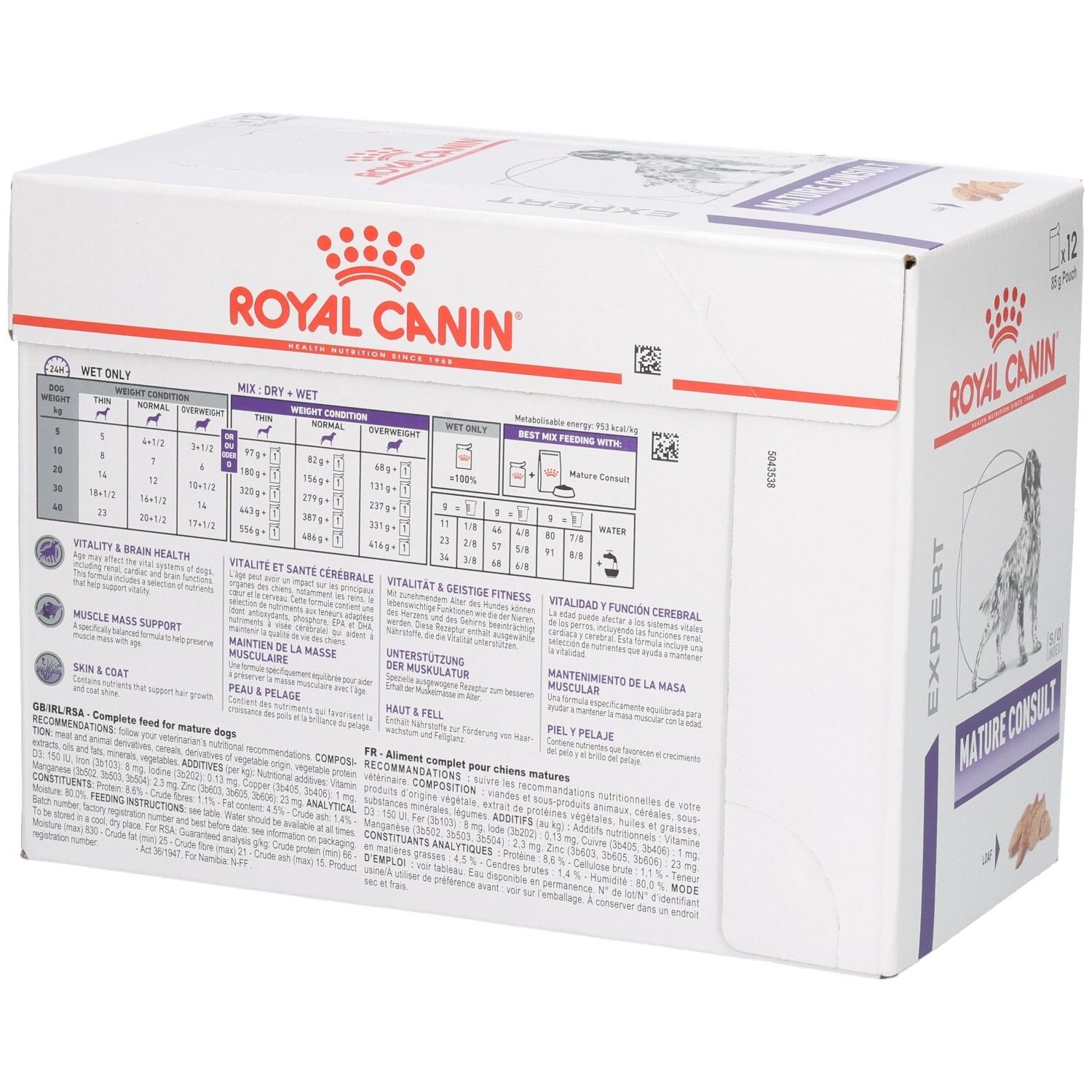 Royal Canin Mature Consult Loaf Hundefutter-Box, Rückseite mit Fütterungstabellen und Produktinformationen.