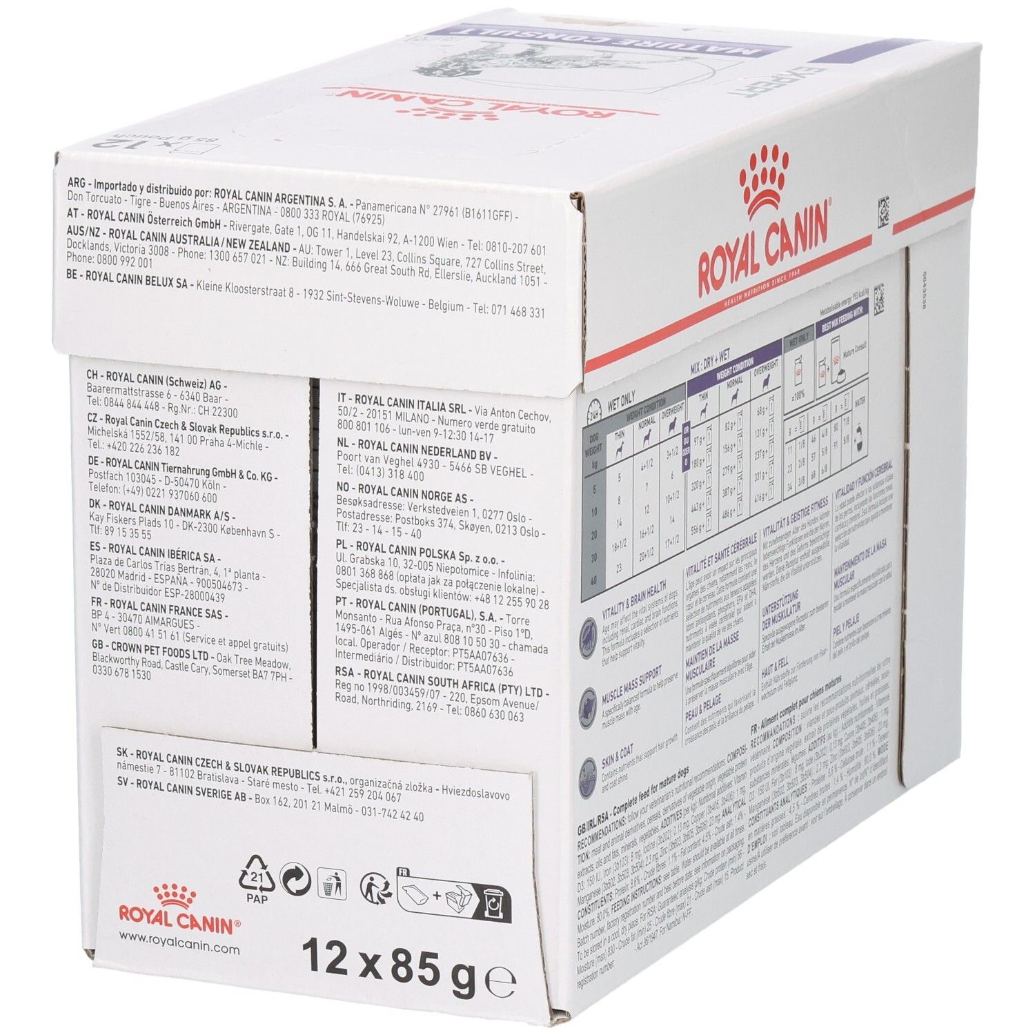 Royal Canin Mature Consult Loaf Hundefutter-Box, Seite mit Händlerinformationen und Produktbezeichnungen in mehreren Sprachen.