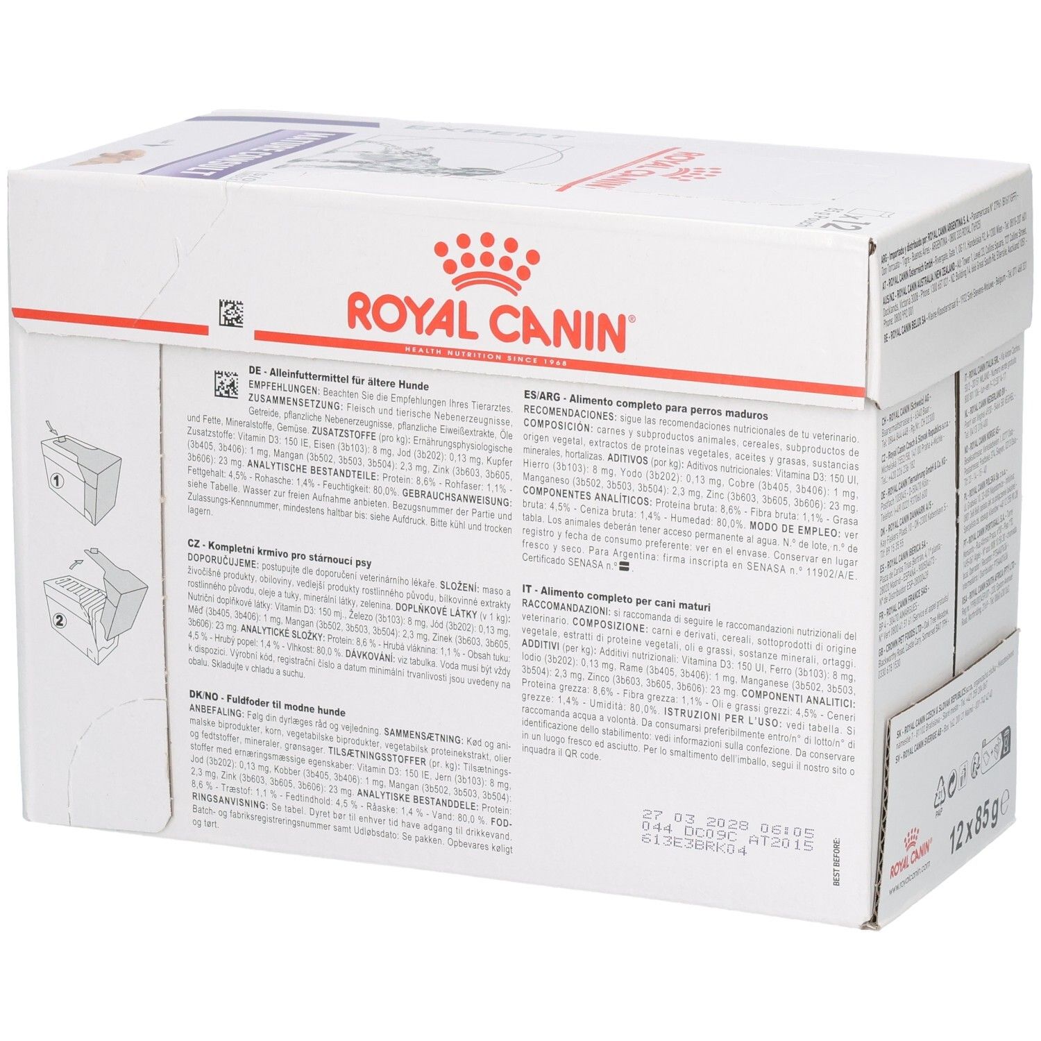Royal Canin Mature Consult Loaf Hundefutter-Box, Seite mit Produktbeschreibungen in verschiedenen Sprachen und Haltbarkeitsdatum.