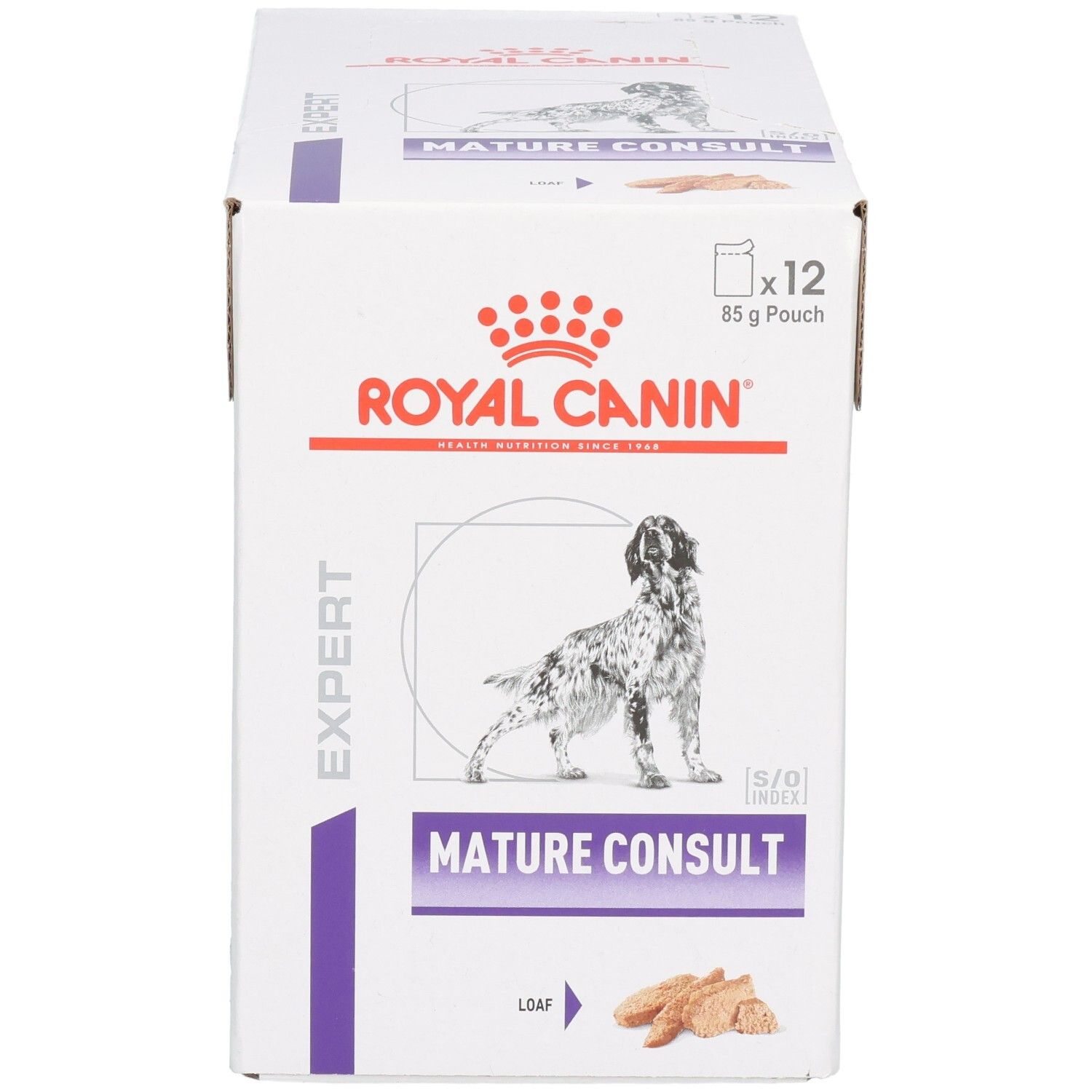 Royal Canin Mature Consult Loaf Hundefutter-Box, Vorderseite mit Hundebild, Produktnamen und Hinweis auf 12x85g Beutel.