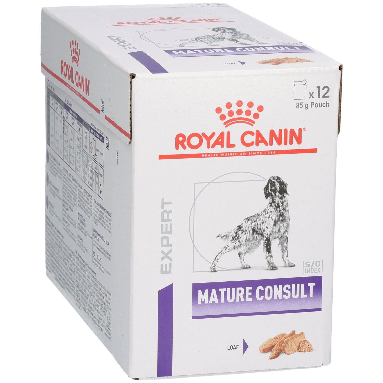 Royal Canin Mature Consult Loaf Hundefutter-Box, schräge Ansicht von vorne links mit Hundebild und Produktnamen.