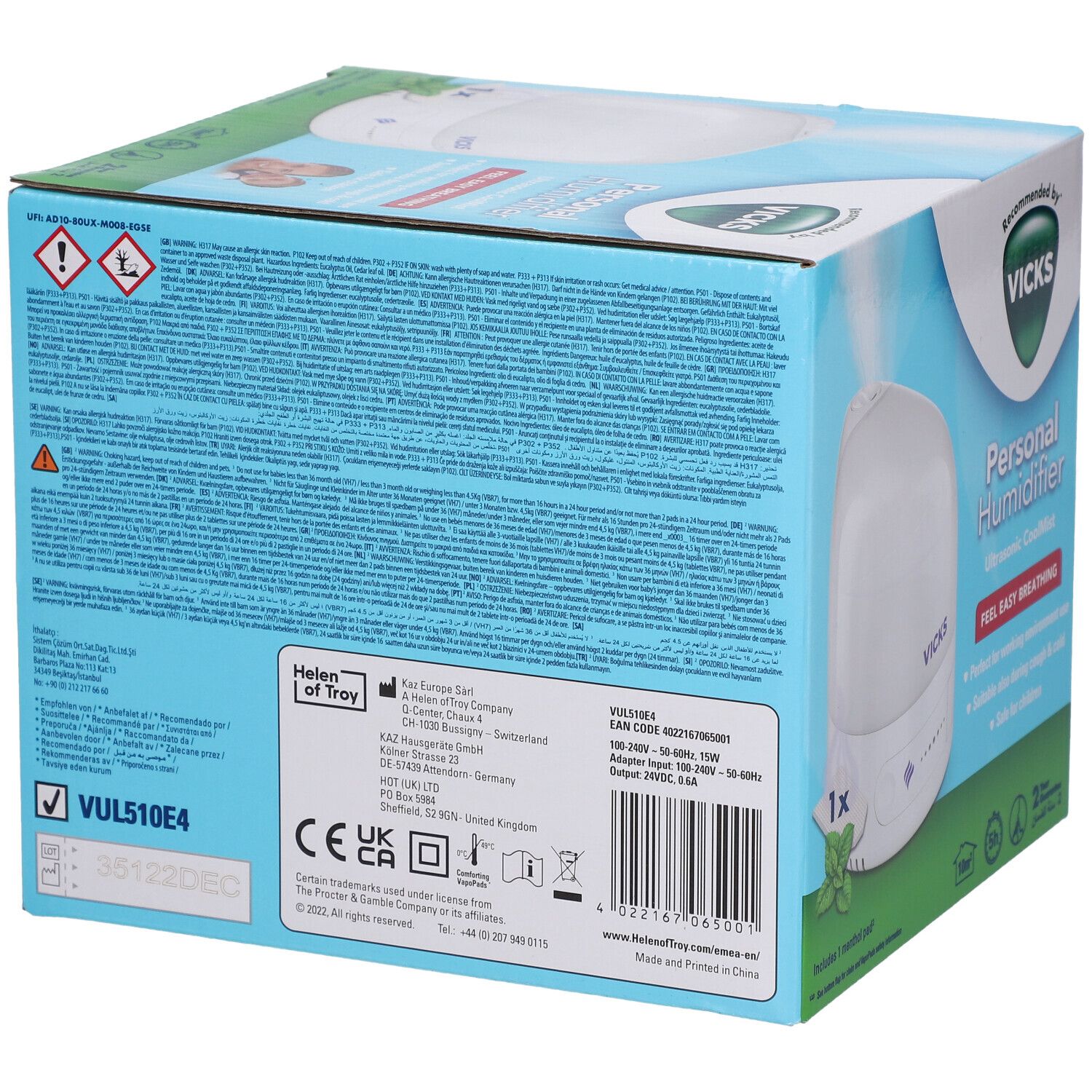 Rückseite der Vicks Personal Humidifier Box. Produktinformationen, VUL510E4, CE-Kennzeichnung, Barcode und Herstelleradresse.