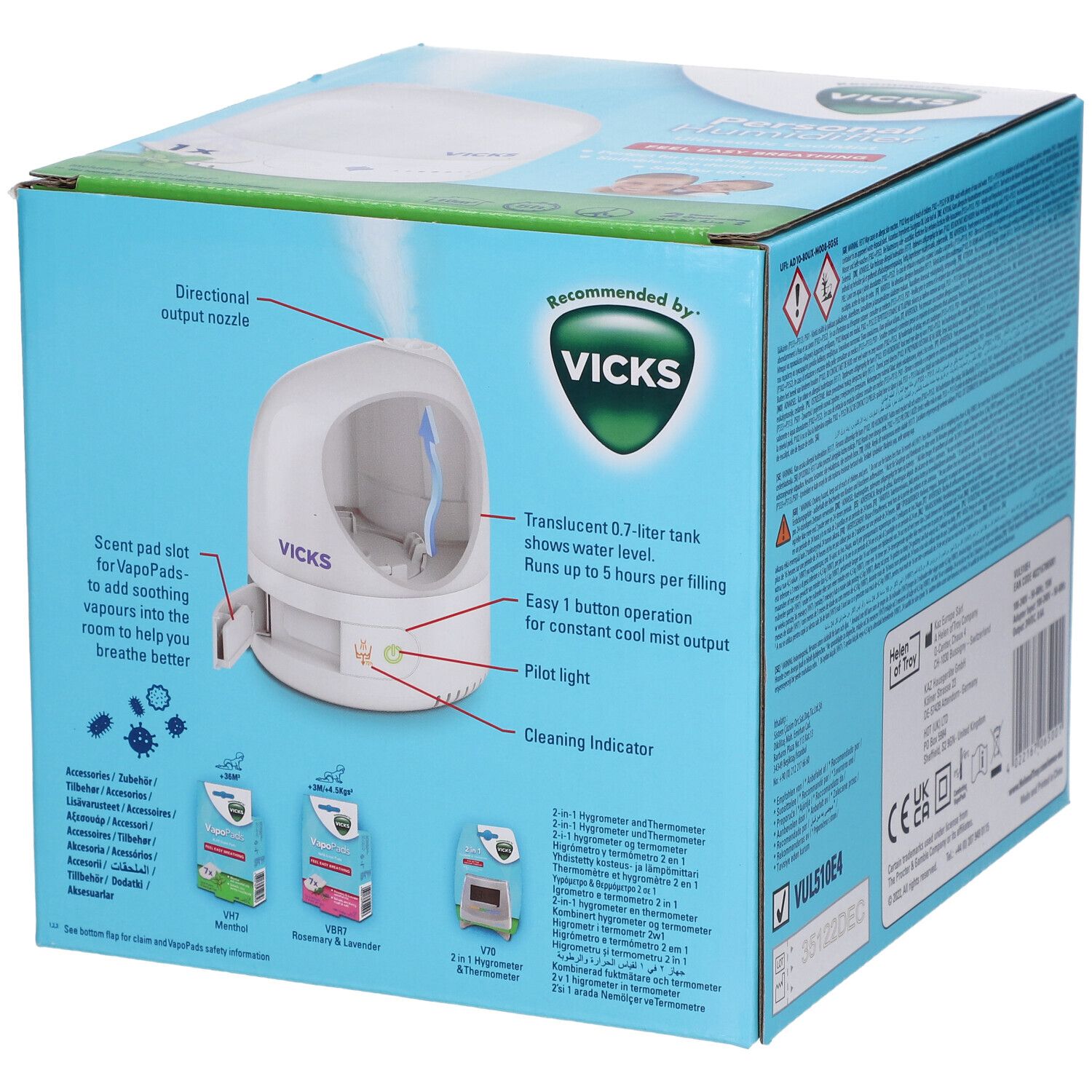 Vicks Personal Humidifier Box. Gerät mit geöffnetem Deckel. Zeigt einen transparenten Tank, Bedienelemente und VapoPads-Einsatz.
