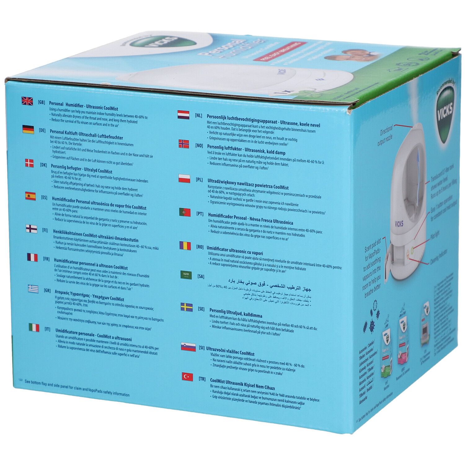Seite der Vicks Personal Humidifier Box. Mehrsprachige Produktbeschreibungen und Abbildungen des Geräts.