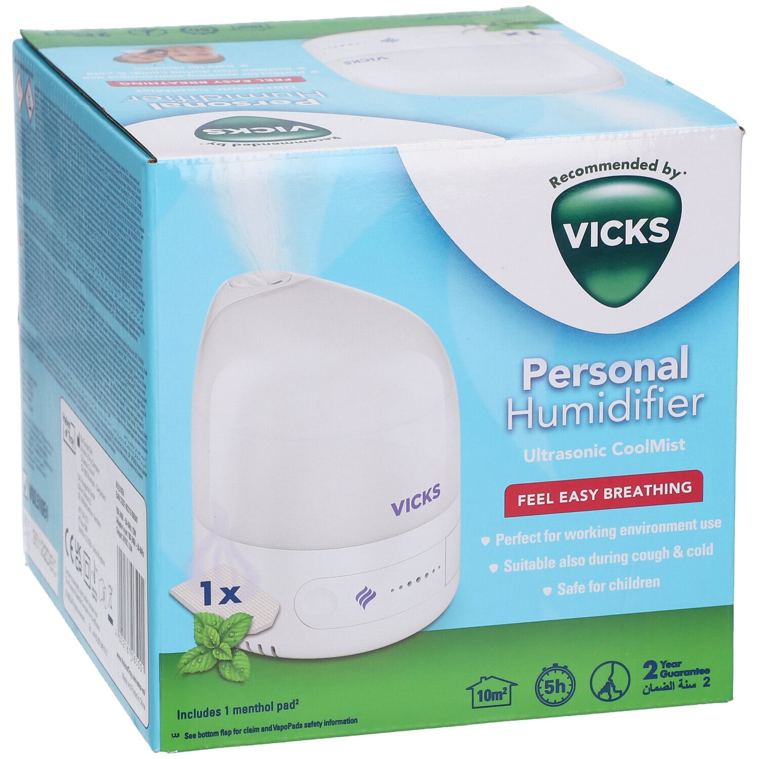 Vicks Personal Humidifier Box. Weißes Gerät mit Vicks-Logo. Enthält 1 Mentholpad. Blaue Verpackung mit Produktinformationen.