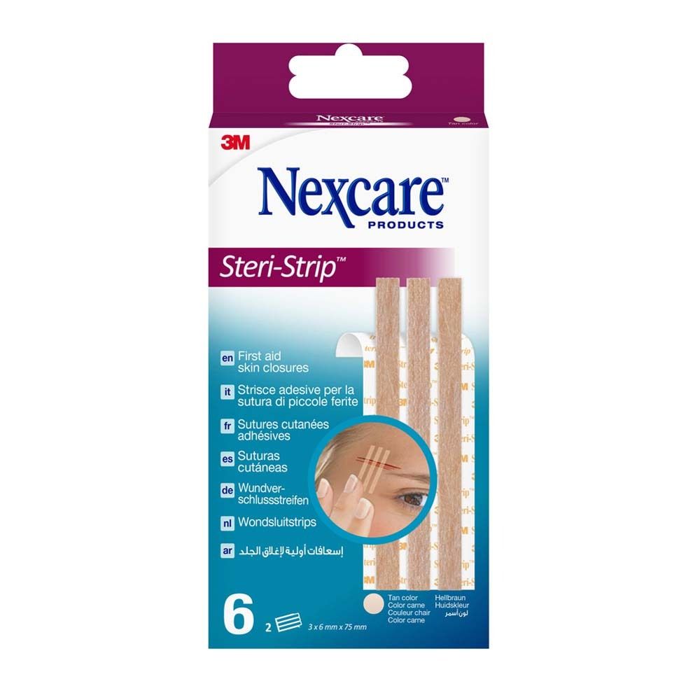 Verpackung mit Nexcare Steri-Strip Hautnahtmaterial. Enthält 6 Streifen. Größe: 6 mm x 75 mm. Hautfarben.
