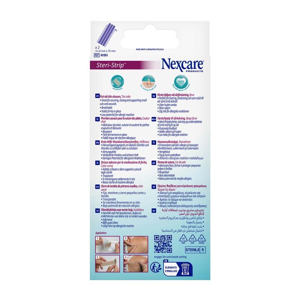 Rückseite der Nexcare Steri-Strip Verpackung. Informationen zu den Hautnahtmaterialien. Anwendungshinweise.