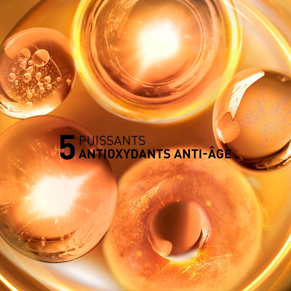 Cinq sphères dorées. Texte : 5 antioxydants anti-âge puissants.
