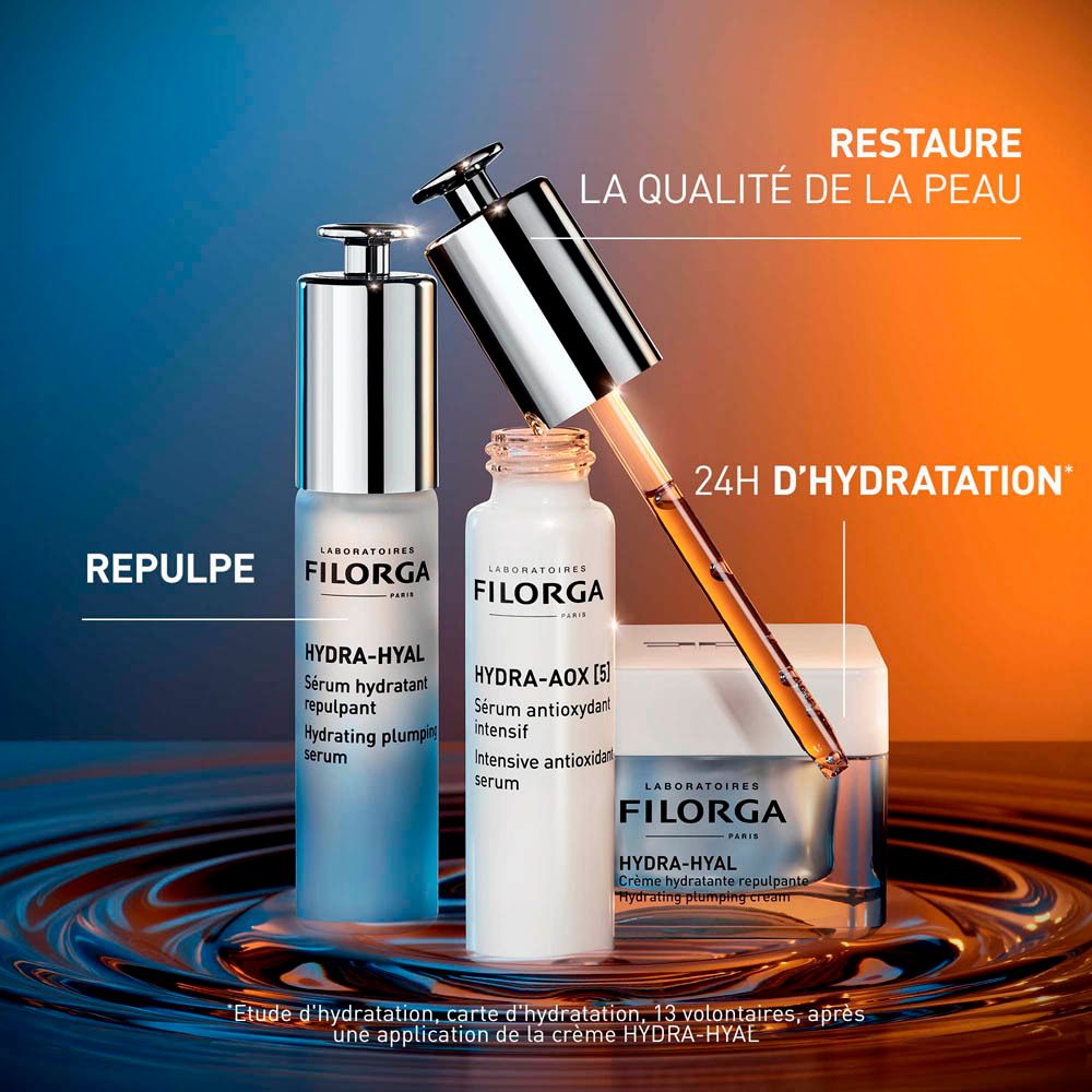 Trois produits FILORGA. Texte : Repulpe, 24h d'hydratation. Pipette.