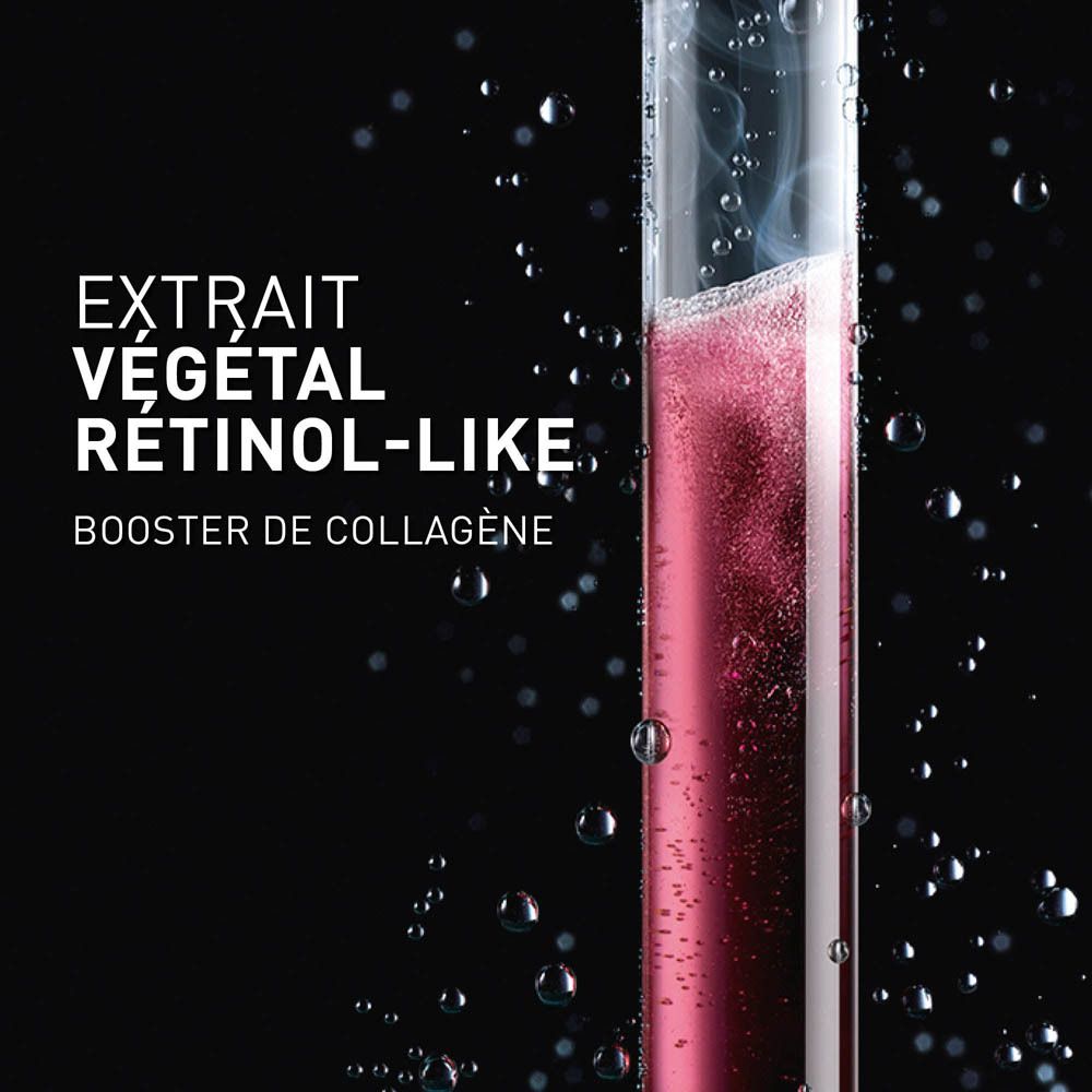 Tube à essai avec liquide rouge. Texte: Extrait végétal rétinol-like. Booster de collagène.