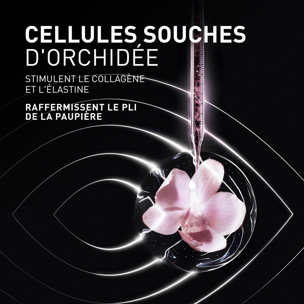 Graphique avec orchidée. Inscription : Cellules souches, stimulent collagène et élastine, raffermissent la paupière.