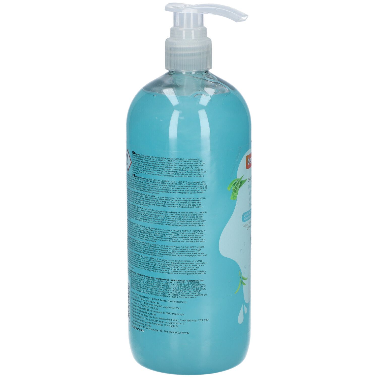 Rückseite der blauen Shampoo-Flasche. Text in mehreren Sprachen. Enthält Warnhinweise und Inhaltsstoffe.