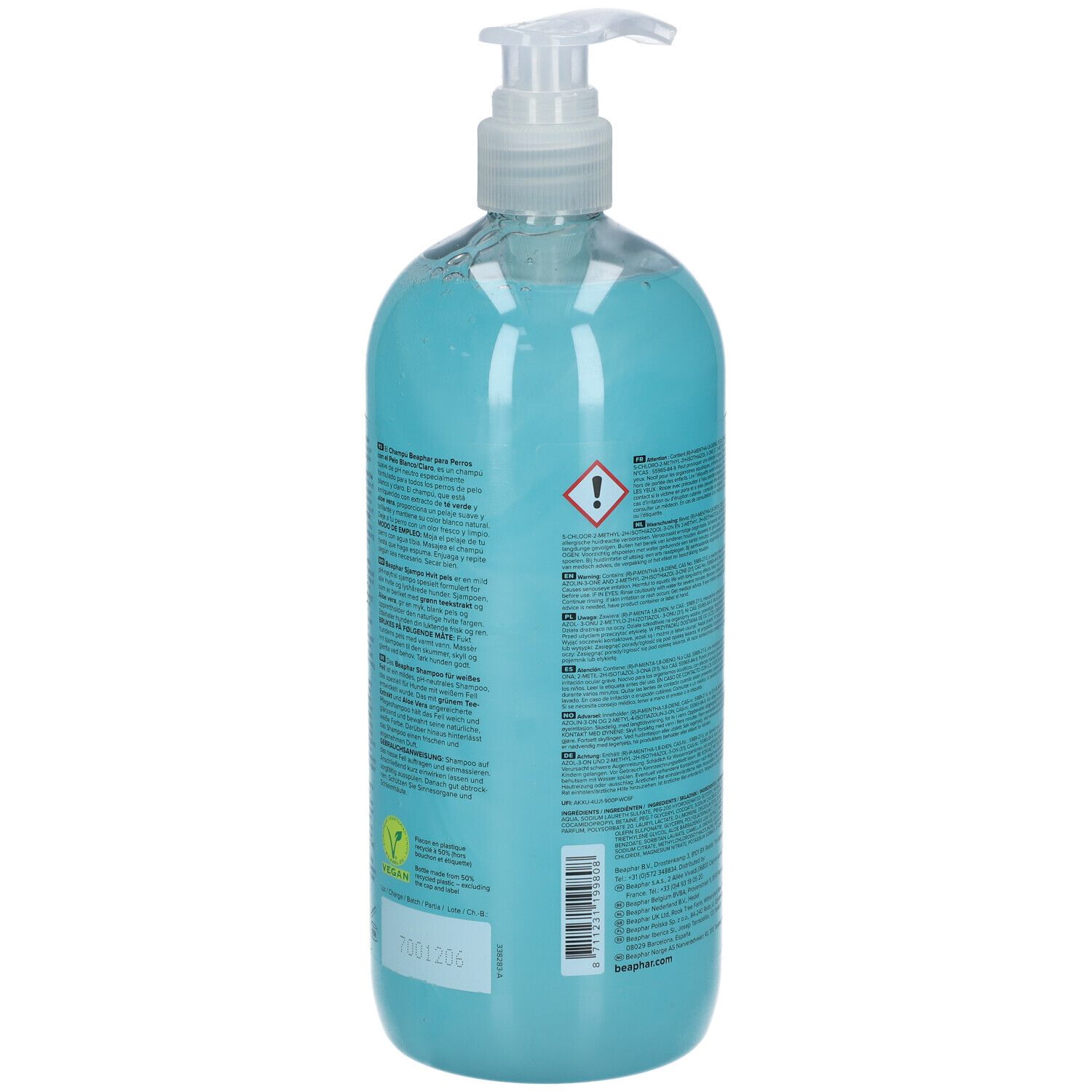 Rückseite der blauen Shampoo-Flasche. Text in mehreren Sprachen. Enthält Warnhinweise und Inhaltsstoffe.