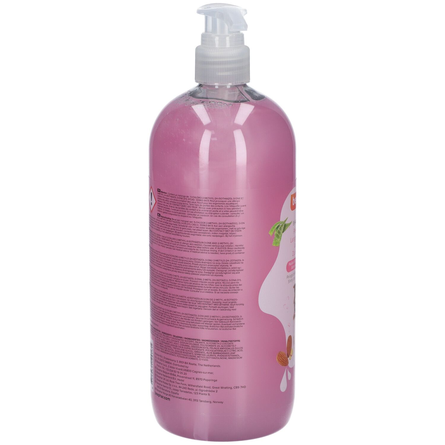 Rückseite einer rosa Shampoo-Flasche mit Text. Enthält Warnhinweise und Produktinformationen.