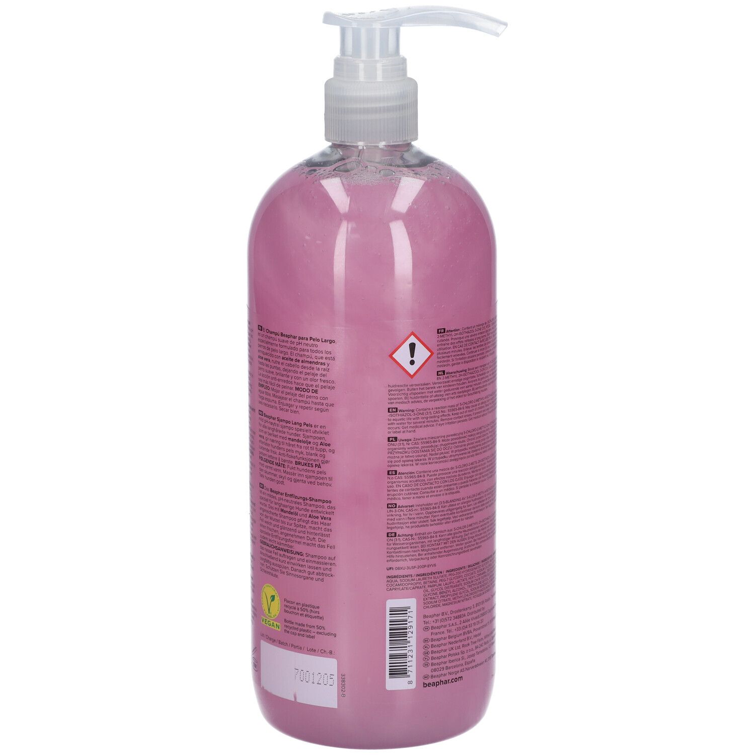 Rückseite einer rosa Shampoo-Flasche mit Text und Barcode. Enthält Warnhinweis.