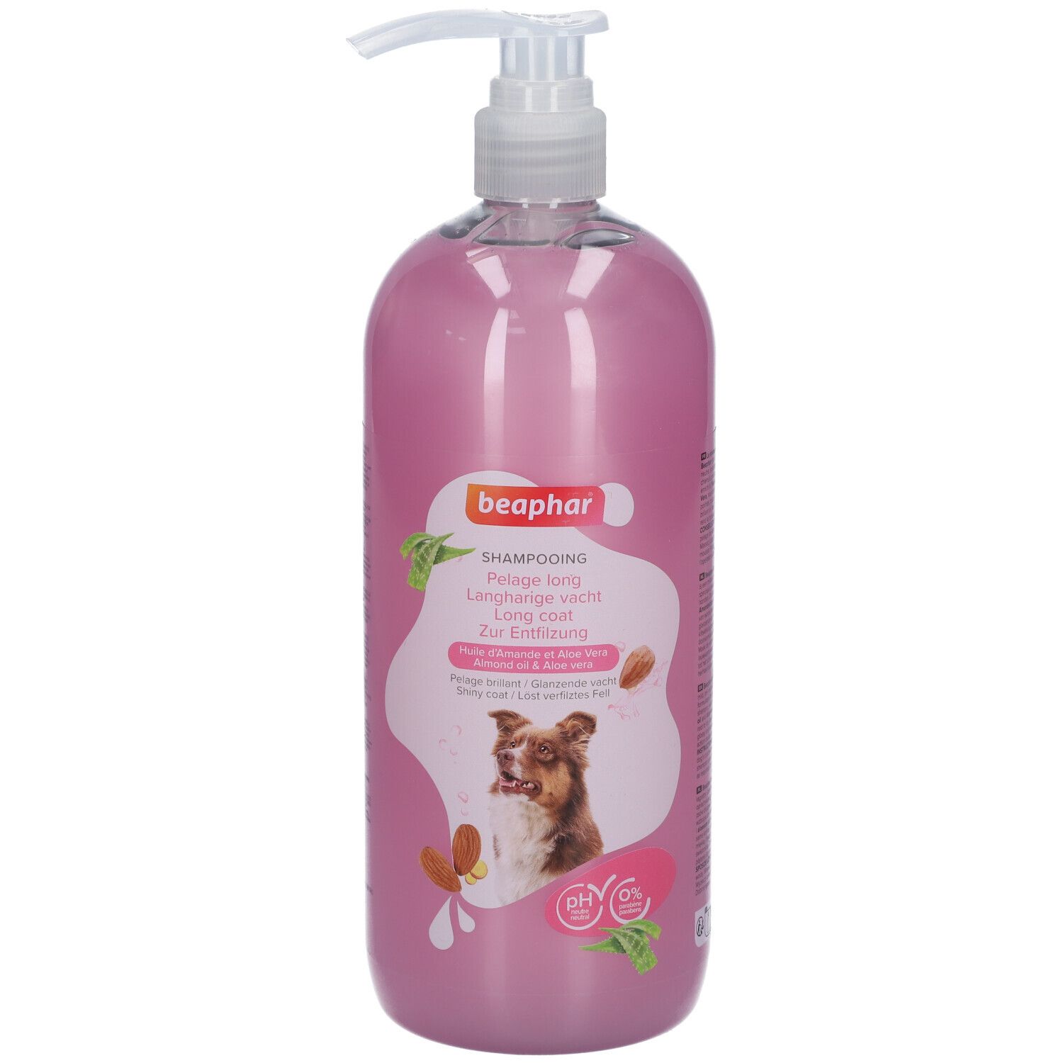 Rosa Shampoo-Flasche mit Pumpe. Aufschrift "beaphar Shampooing Pelage Long". Abbildung eines Hundes und Mandeln.