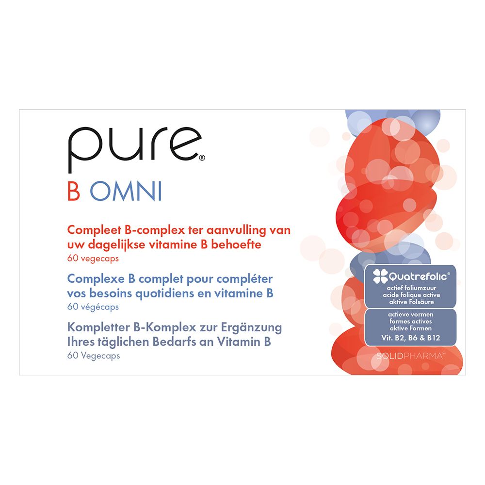 Weiße Schachtel mit Produktnamen und Text. Enthält 60 Vegicaps. Quatrefolic-Logo.