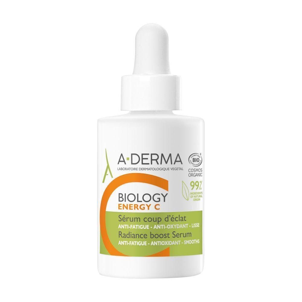 Weiße Flasche mit Pipette. A-DERMA, BIOLOGY ENERGY C Serum. Text auf Etikett.
