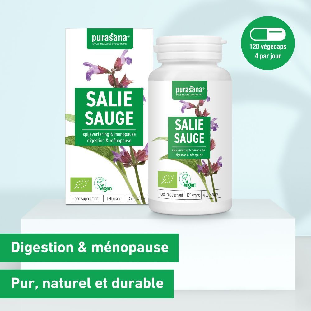 Emballage produit avec flacon et boîte. Inscription: Salie Sauge, 120 gélules, logo Vegan. Illustration de plante.