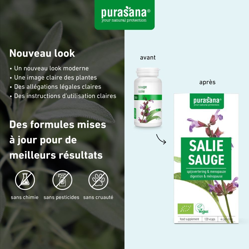 Comparaison ancien et nouvel emballage produit. Inscription: Salie Sauge. Logo Vegan. Sans chimie, pesticides, cruauté.