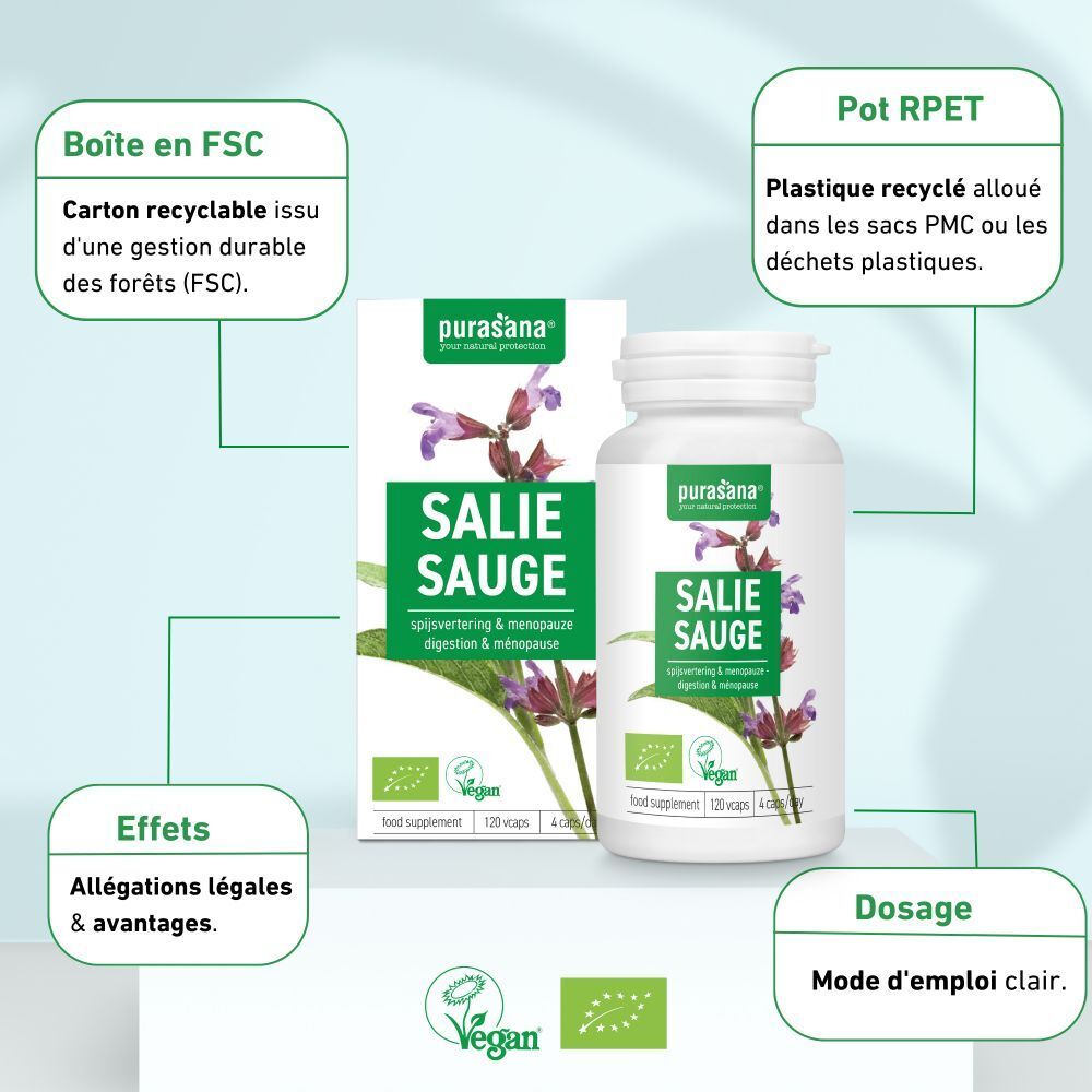 Emballage produit avec flacon et boîte. Inscription: Salie Sauge. Logo Vegan. Carton FSC, plastique recyclé, dosage.