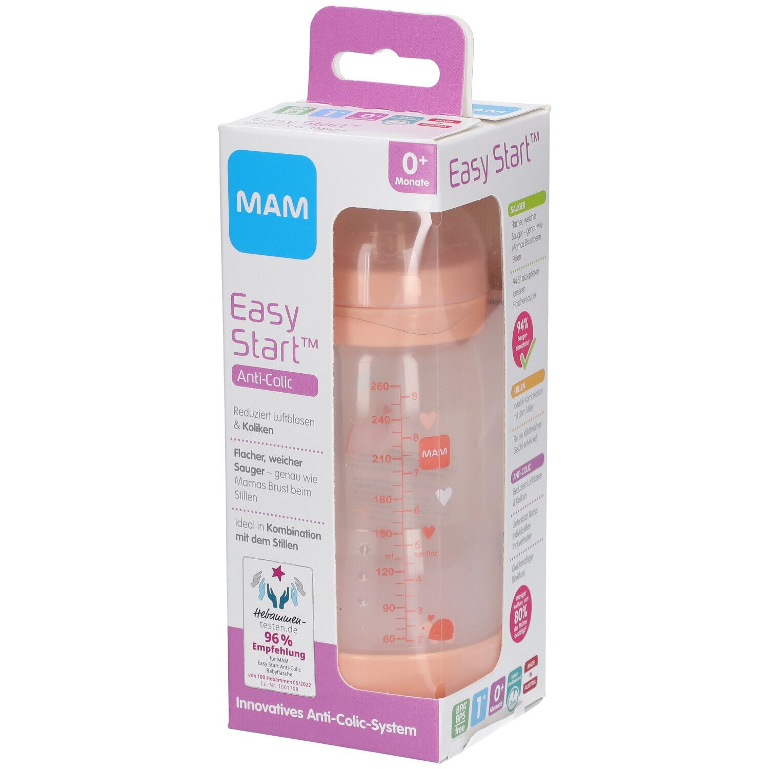 MAM Easy Start™ Biberon Anti-colique Rose 0 mois et + 260 ml
